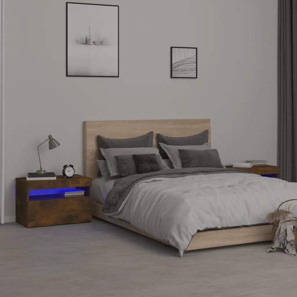 vidaXL Нощни шкафчета 2 бр с LED осветление опушен дъб 60x35x40 см