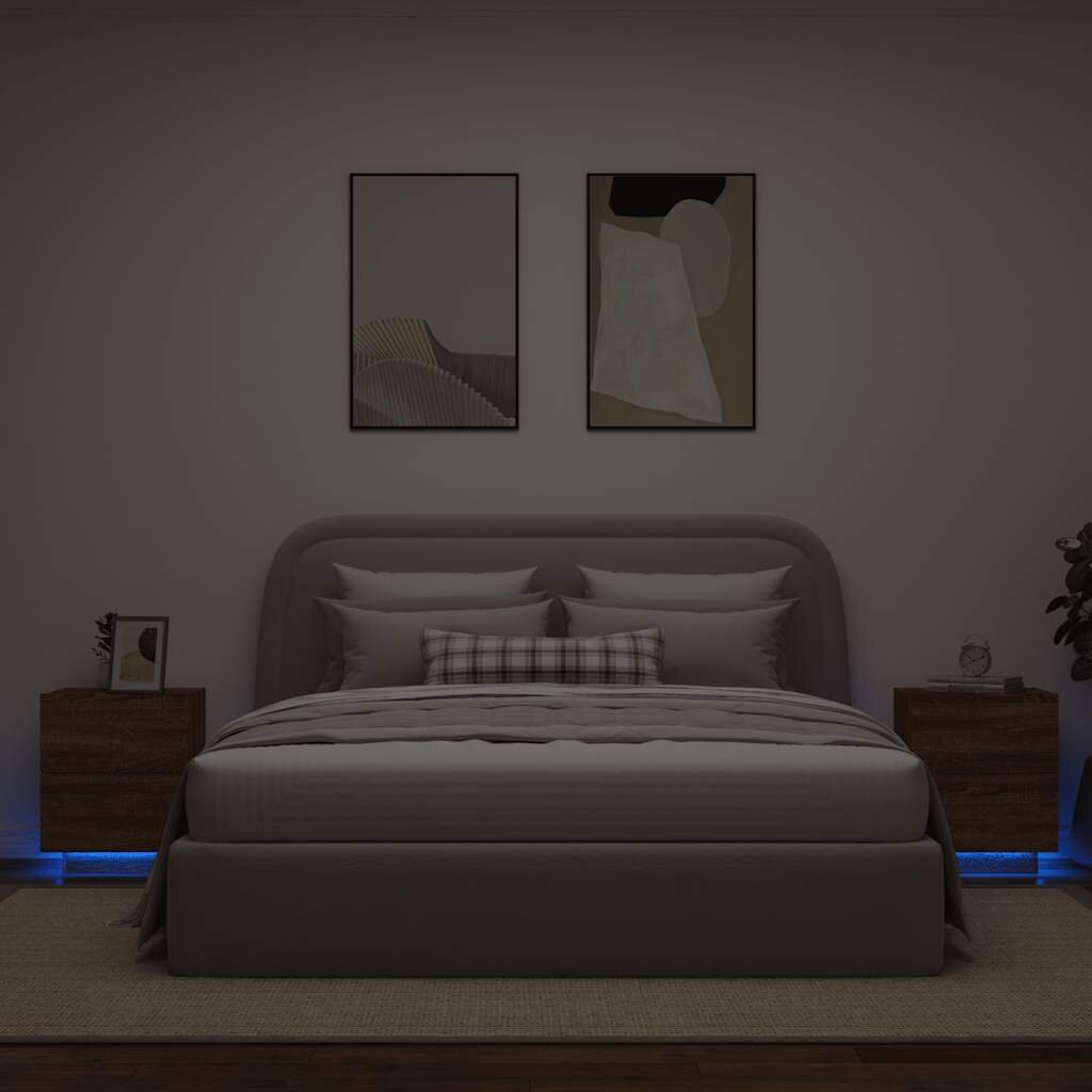 vidaXL Нощни шкафчета с LED 2 бр Кафяв дъб инженерно дърво