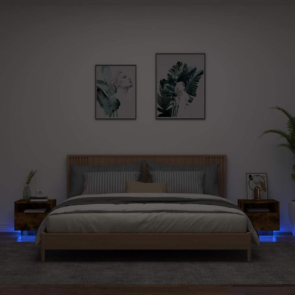 vidaXL Нощни шкафчета с LED осветление 2 бр опушен дъб 40x39x37 см
