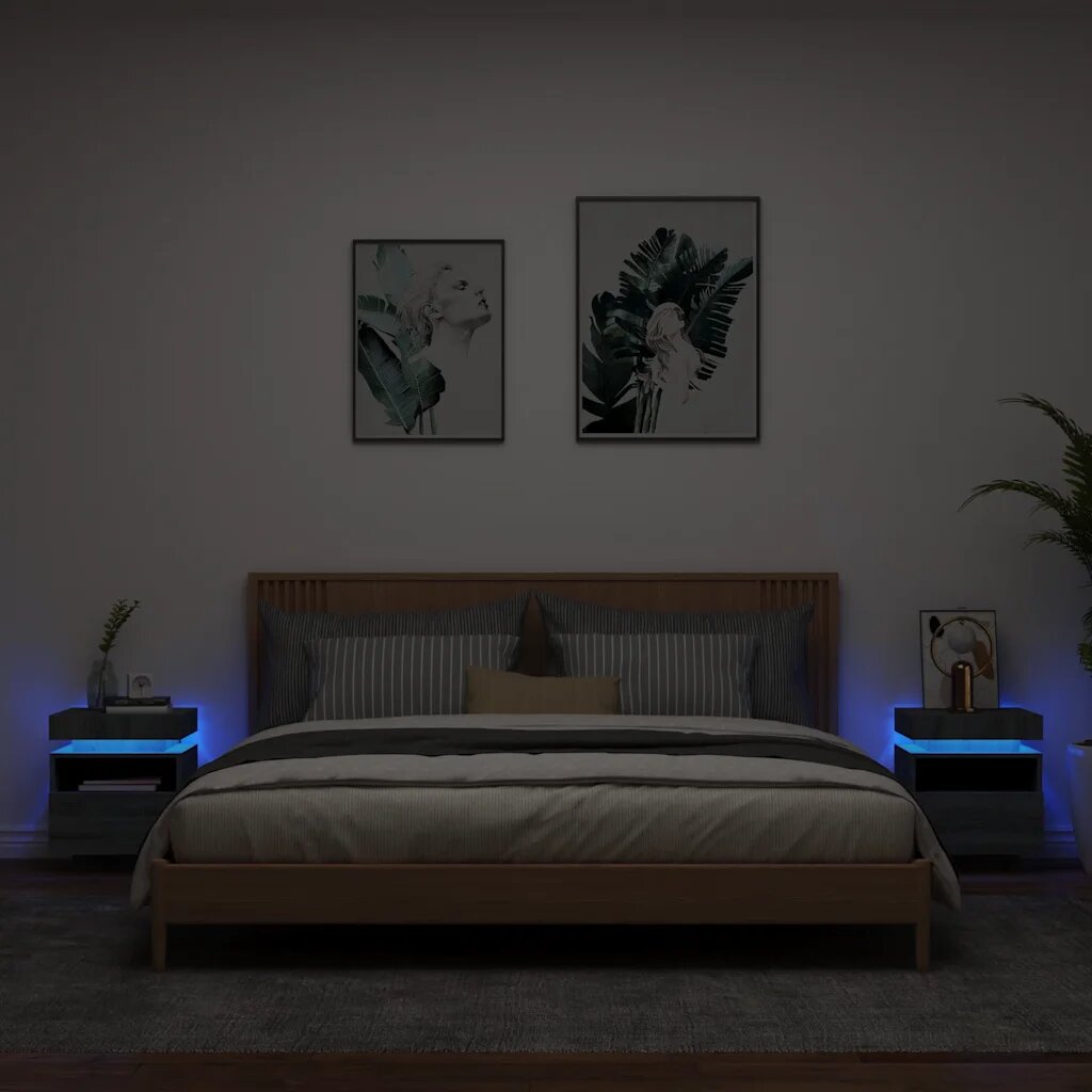 vidaXL Нощни шкафчета с LED осветление 2 бр сив сонома 40x39x485см