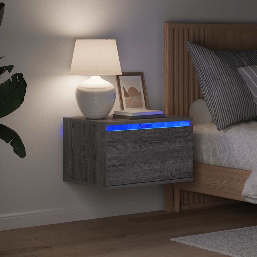 vidaXL Нощни шкафчета за стена с LED осветление 2 бр сив сонома