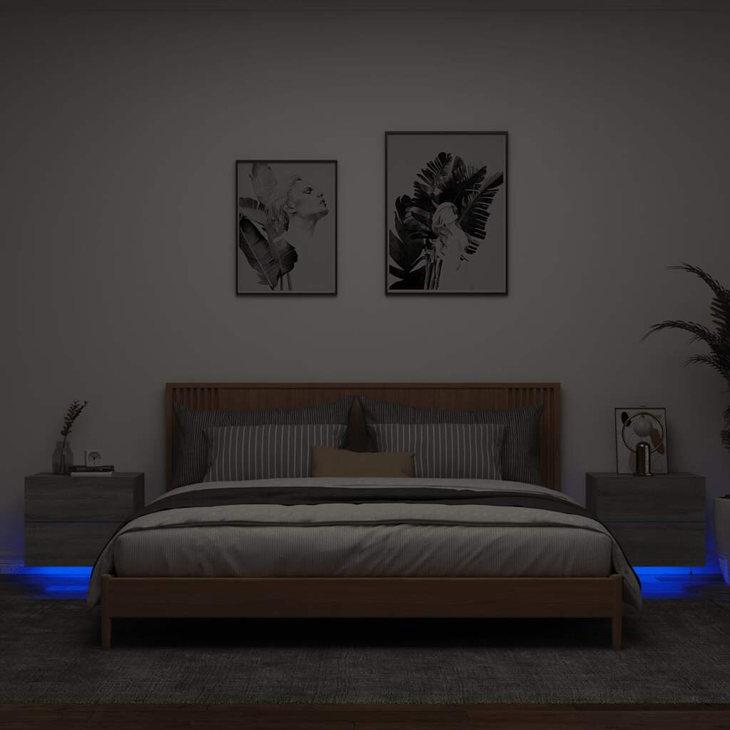vidaXL Нощни шкафчета за стена с LED осветление 2 бр сив сонома