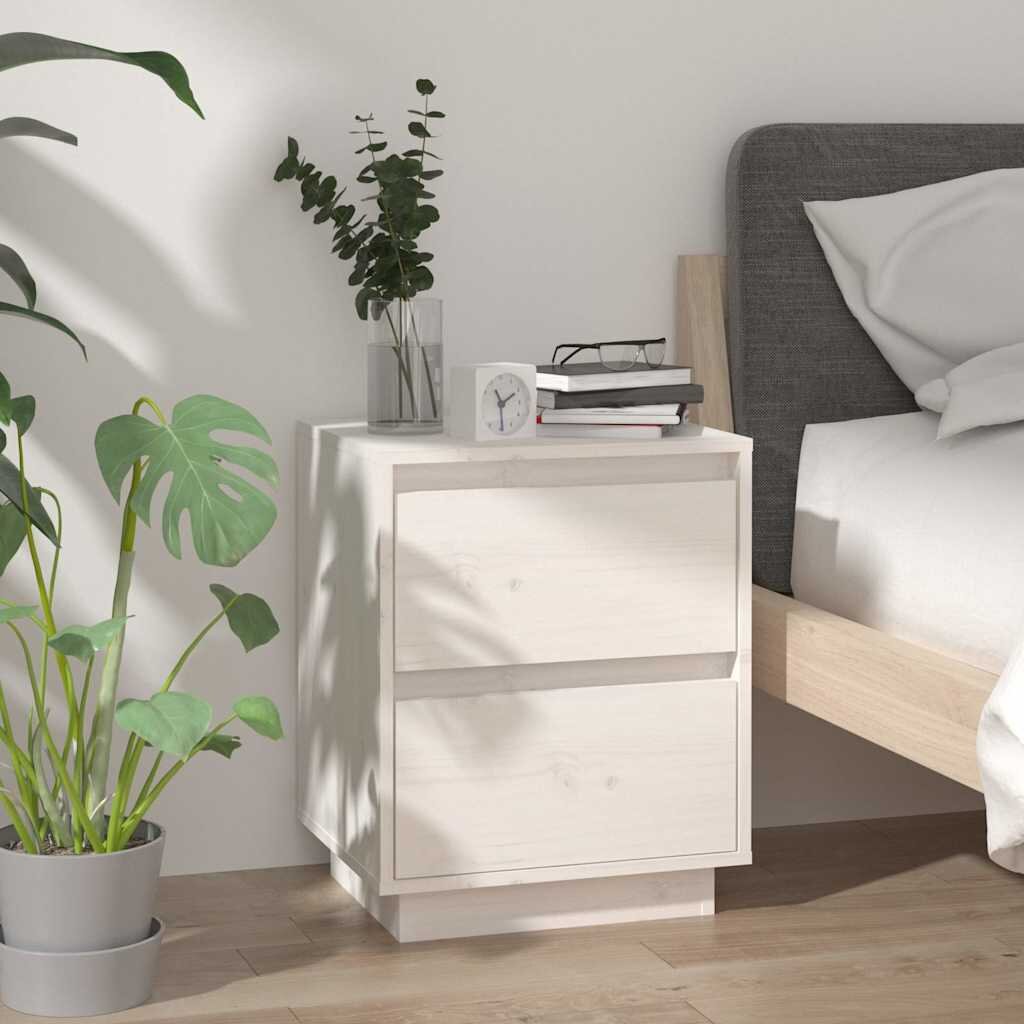 vidaXL Нощно шкафче бяло 40x35x50 см борово дърво масив
