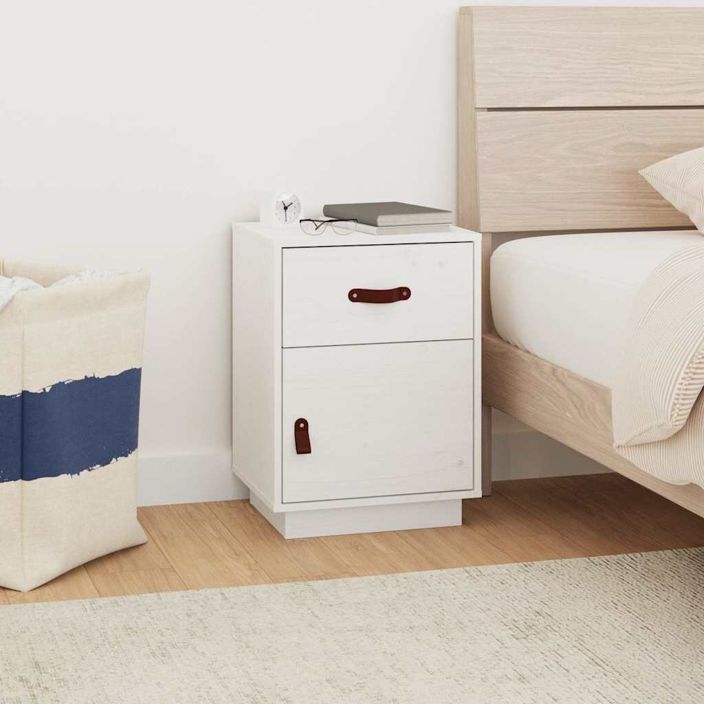 vidaXL Нощно шкафче бяло40x34x55 см борово дърво масив