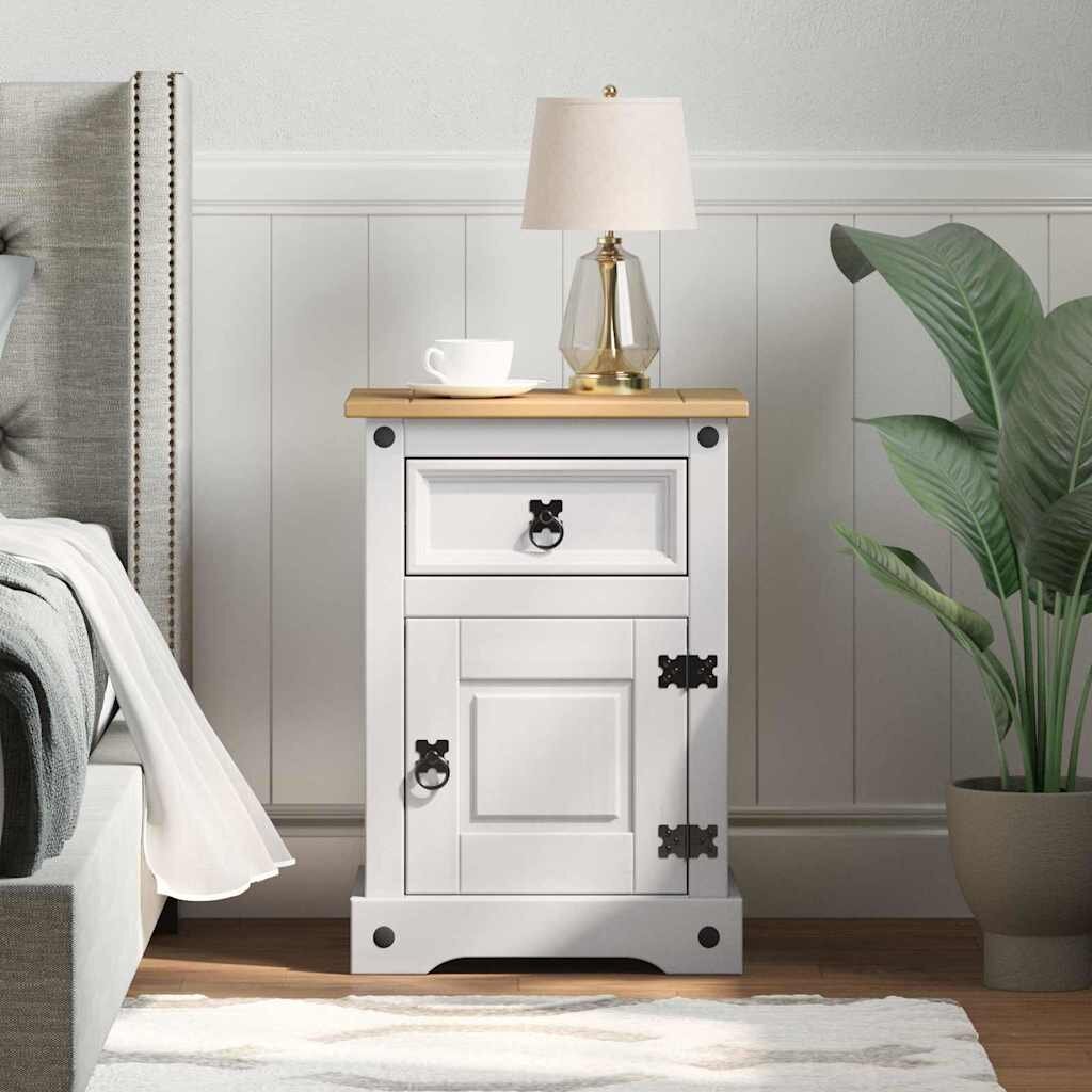 vidaXL Нощно шкафче Corona Бяло 45 x 35 x 64 см Солидно борово дърво