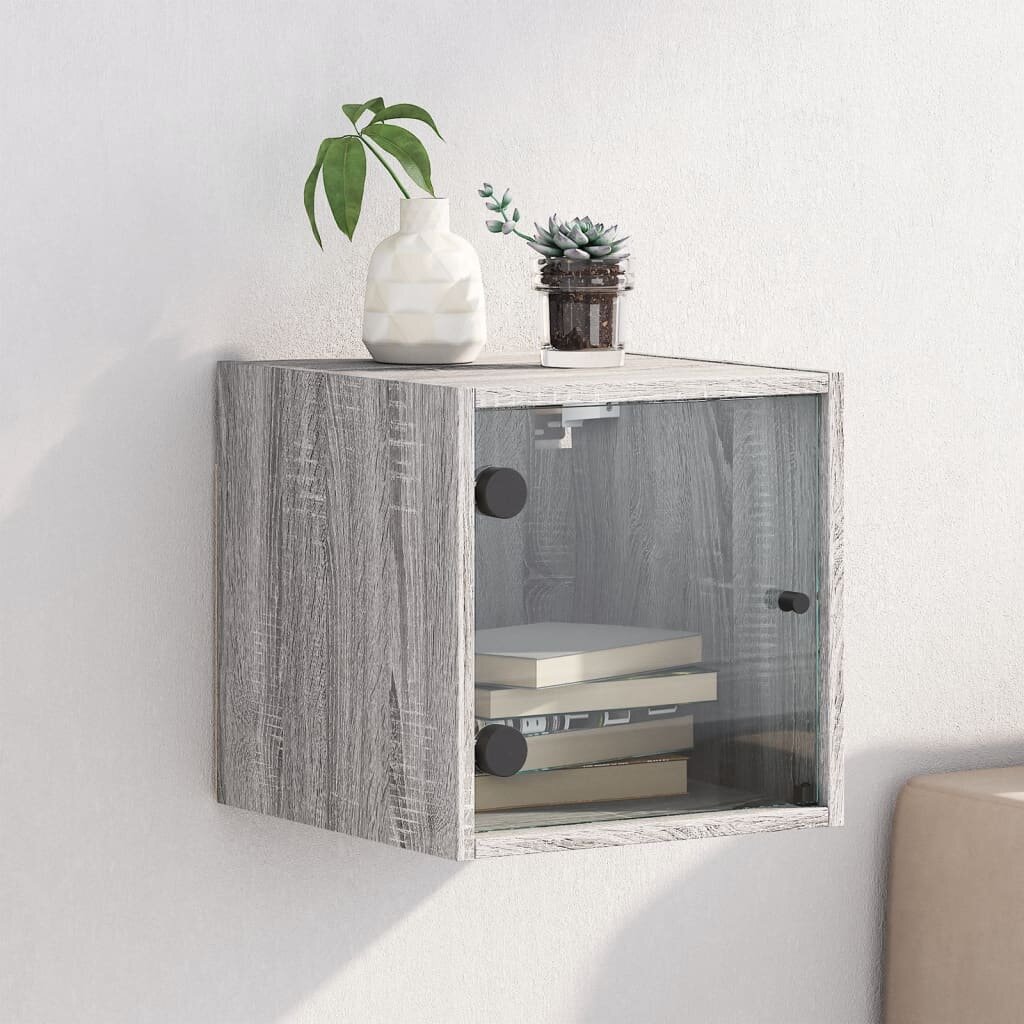vidaXL Нощно шкафче със стъклена врата сив сонома 35x37x35 см