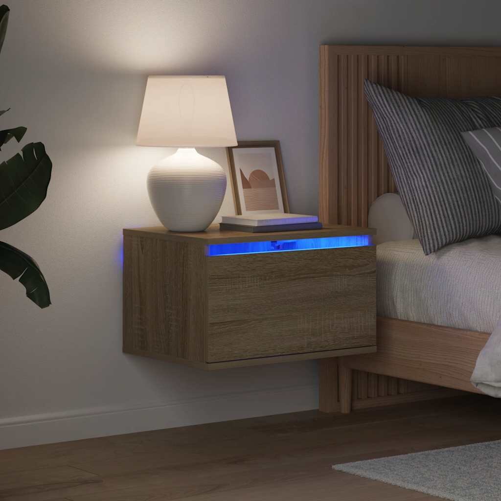 vidaXL Нощно шкафче за стена с LED осветление дъб сонома