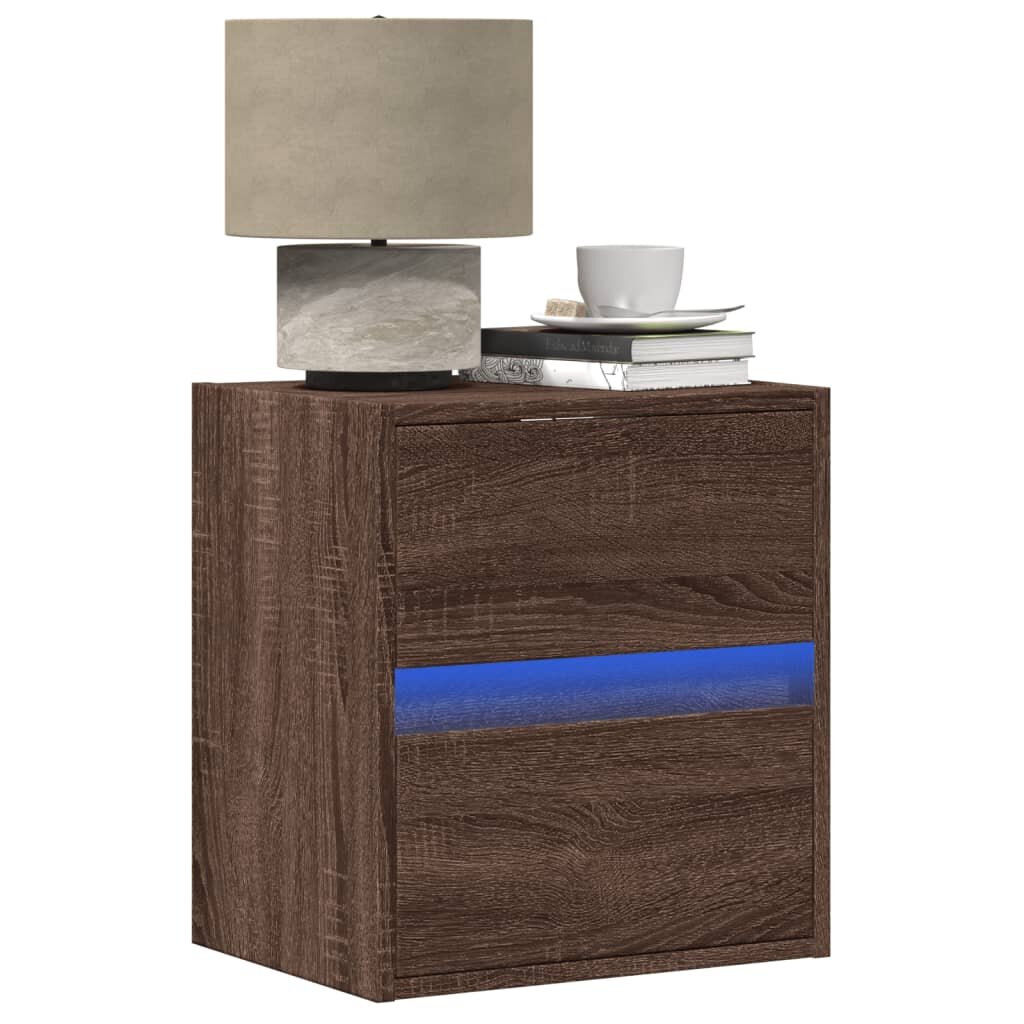 vidaXL Нощно шкафче за стена с LED осветление кафяв дъб