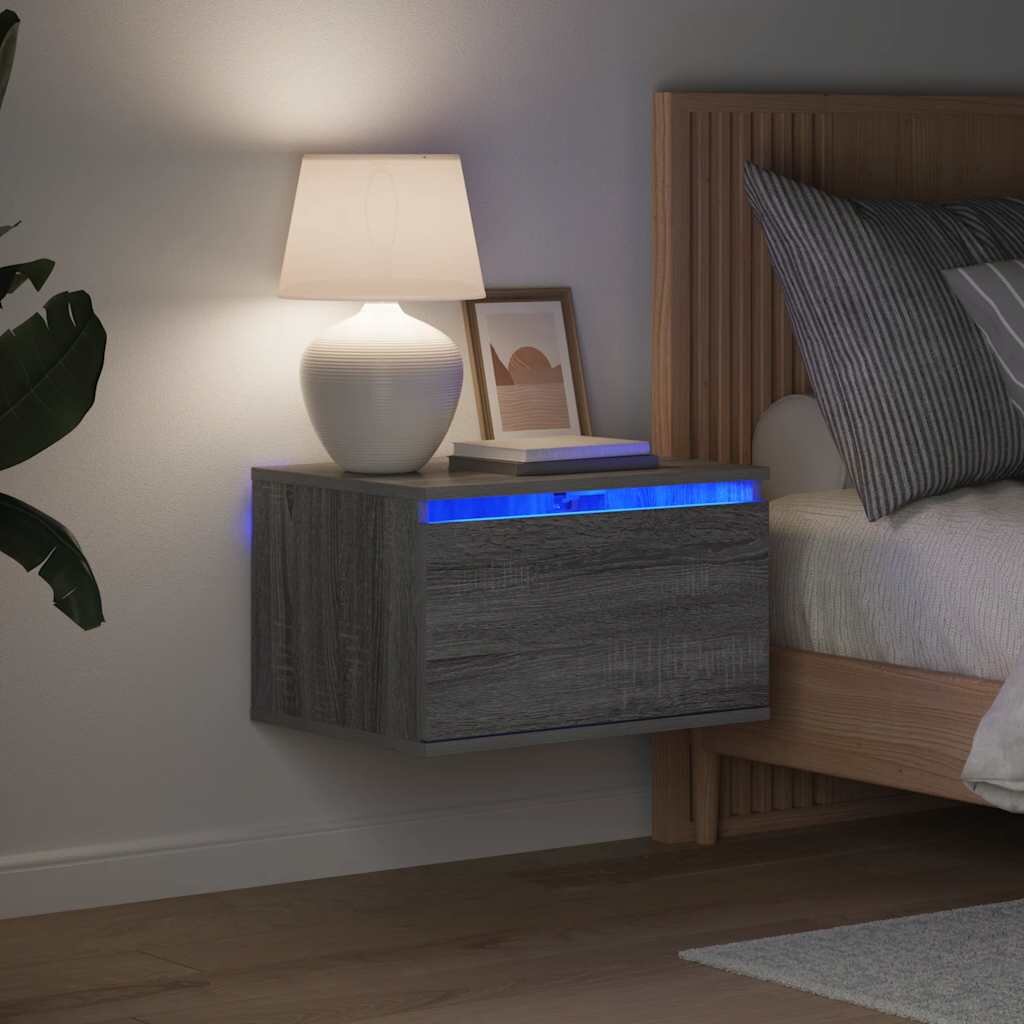 vidaXL Нощно шкафче за стена с LED осветление сив сонома