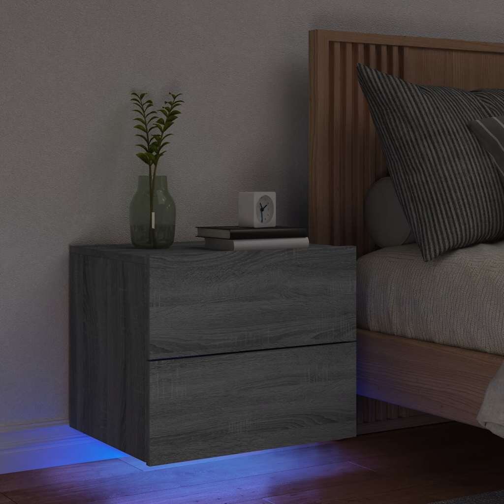 vidaXL Нощно шкафче за стена с LED осветление сив сонома