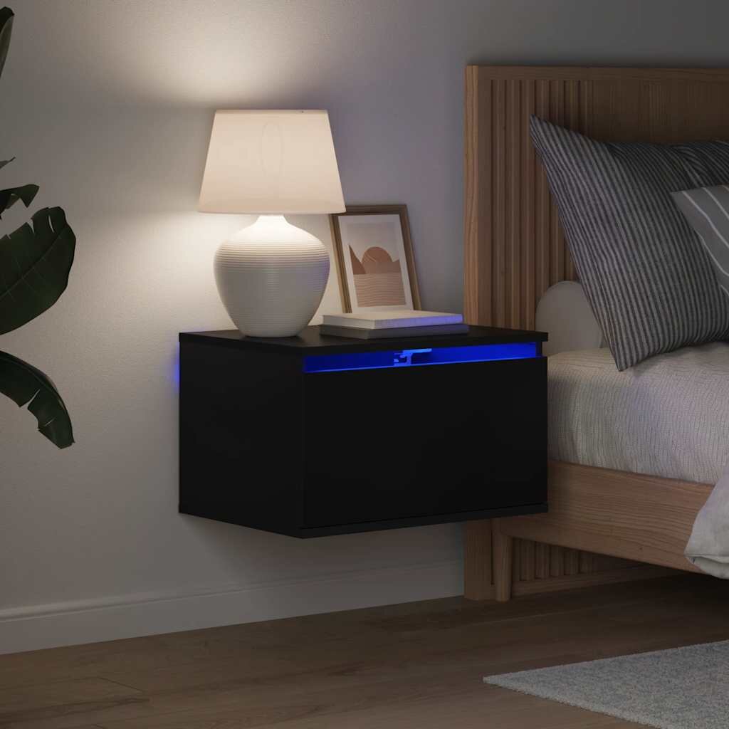 vidaXL Нощно шкафче за стена с LED светлини черно
