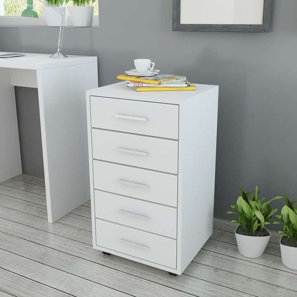 vidaXL Офис шкаф с колелца 5 чекмеджета бял