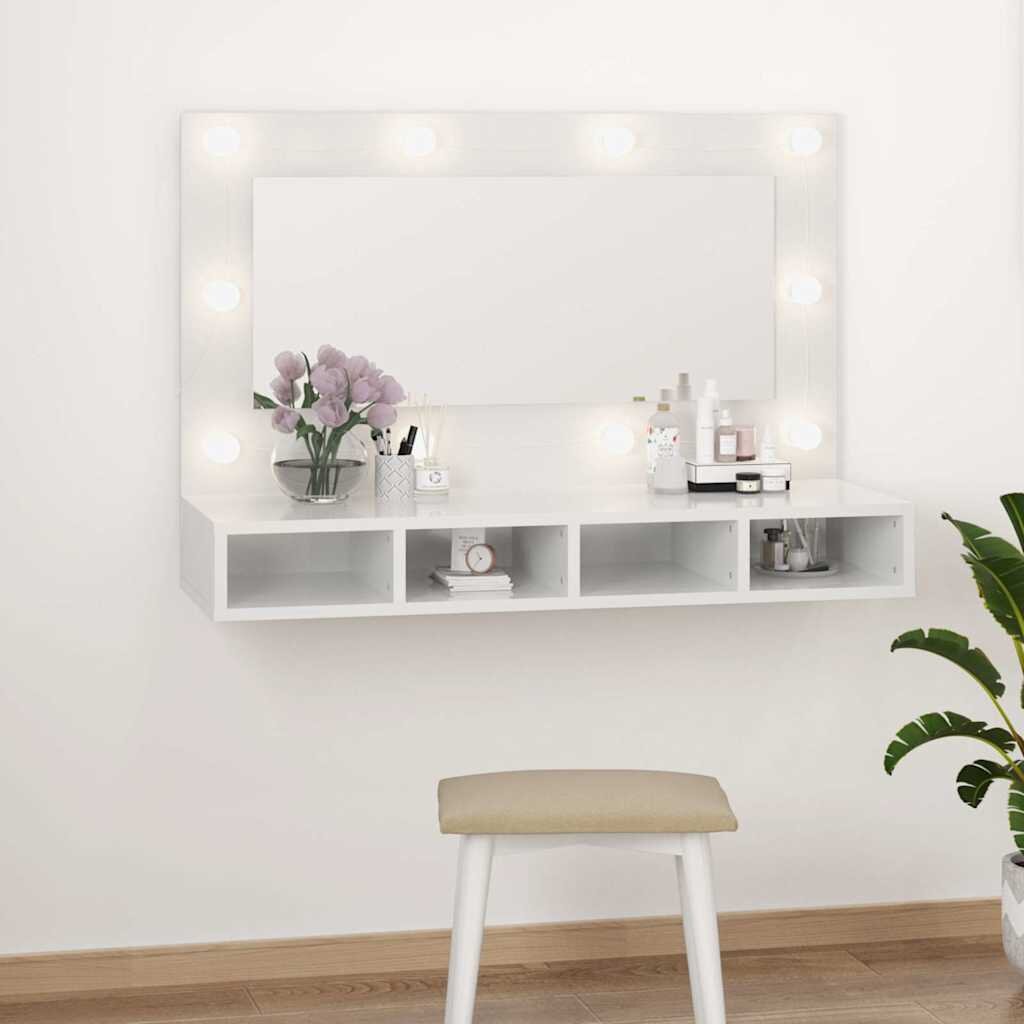 vidaXL Огледален шкаф с LED бял гланц 90x315x62 см