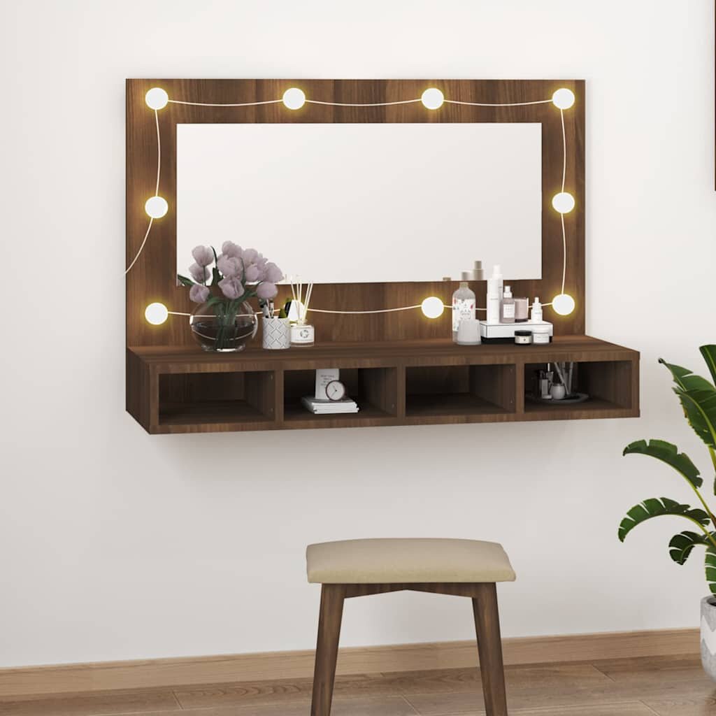 vidaXL Огледален шкаф с LED кафяв дъб 90x315x62 см