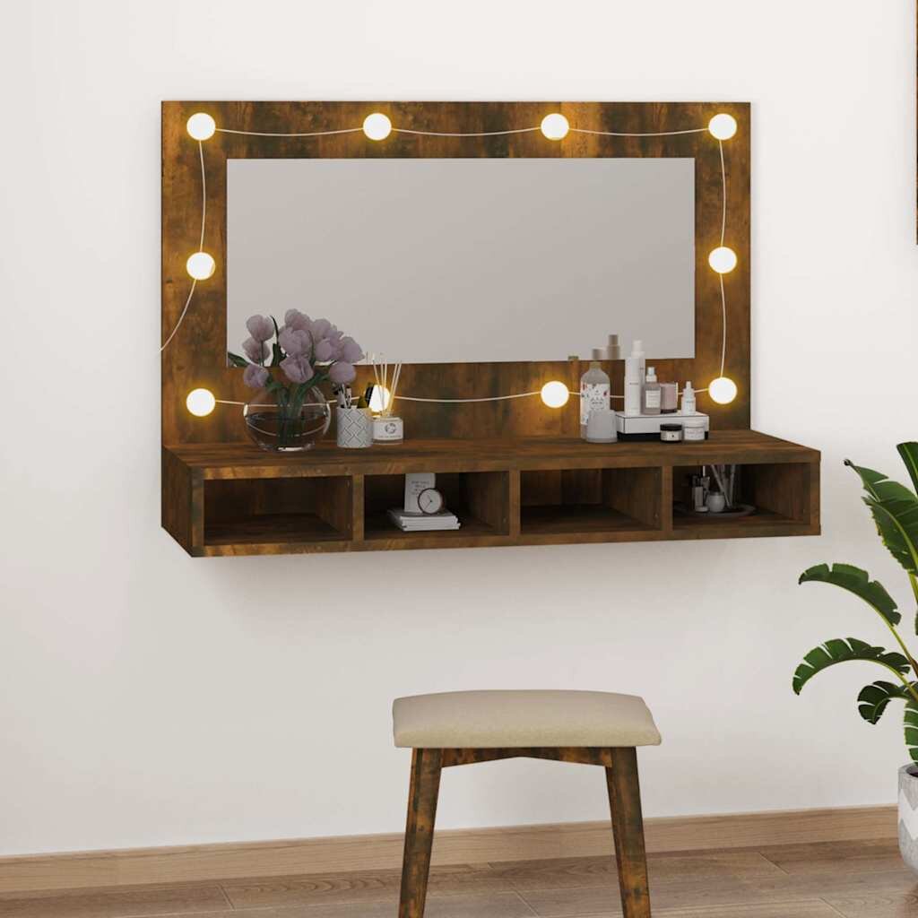vidaXL Огледален шкаф с LED опушен дъб 90x315x62 см
