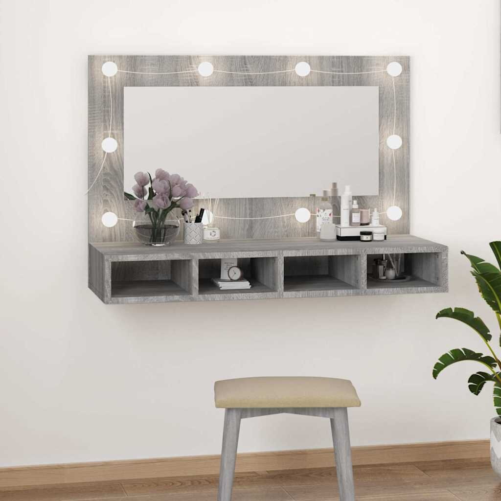 vidaXL Огледален шкаф с LED сив сонома 90x315x62 см