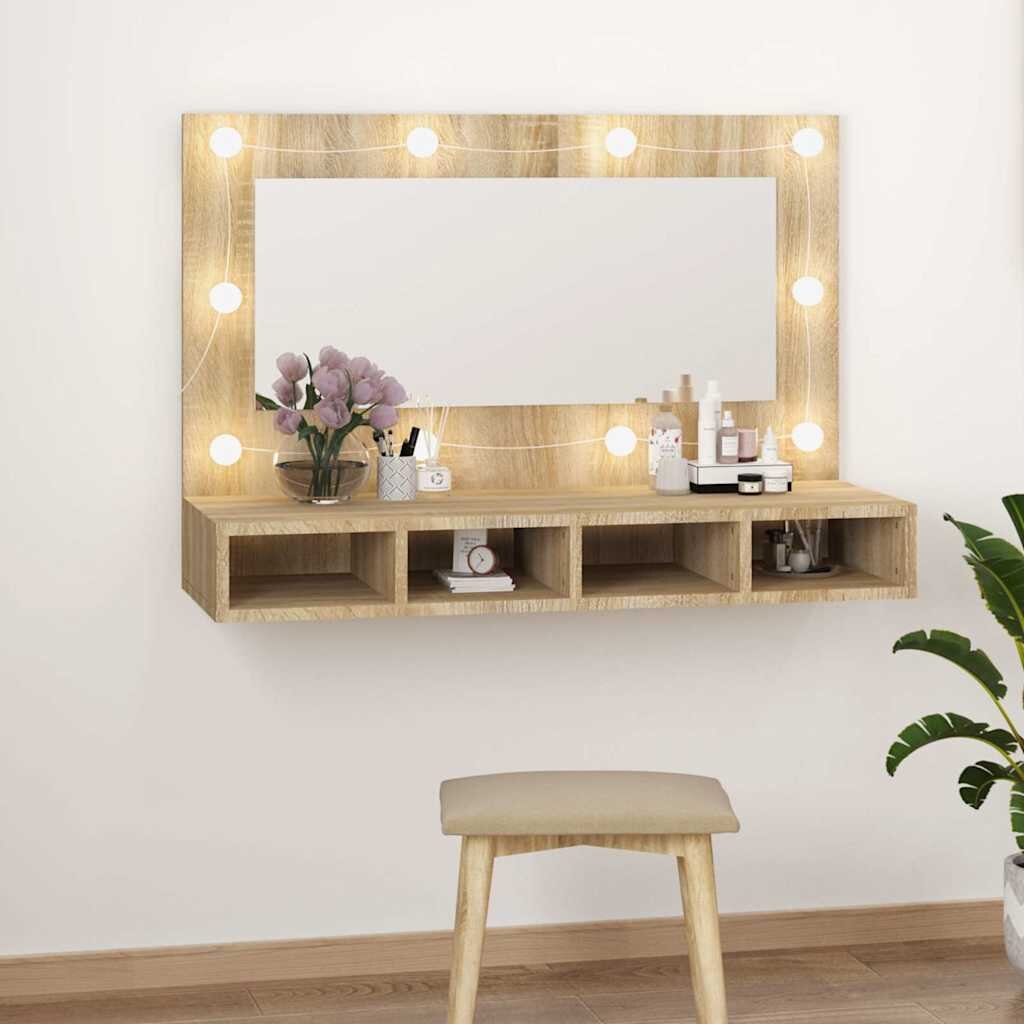 vidaXL Огледален шкаф с LED сонома дъб 90x315x62 см