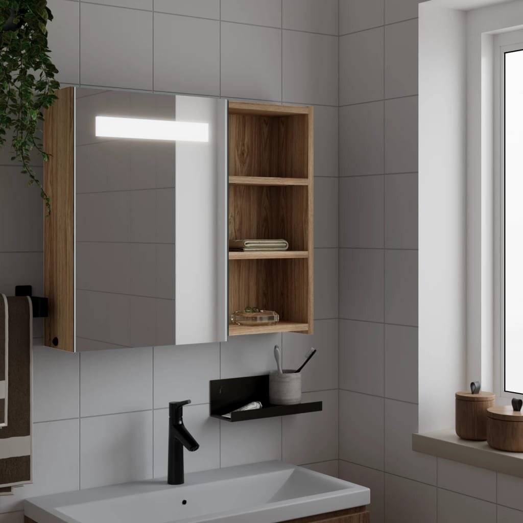 vidaXL Огледален шкаф за баня с LED светлина дъб 60x13x52 см