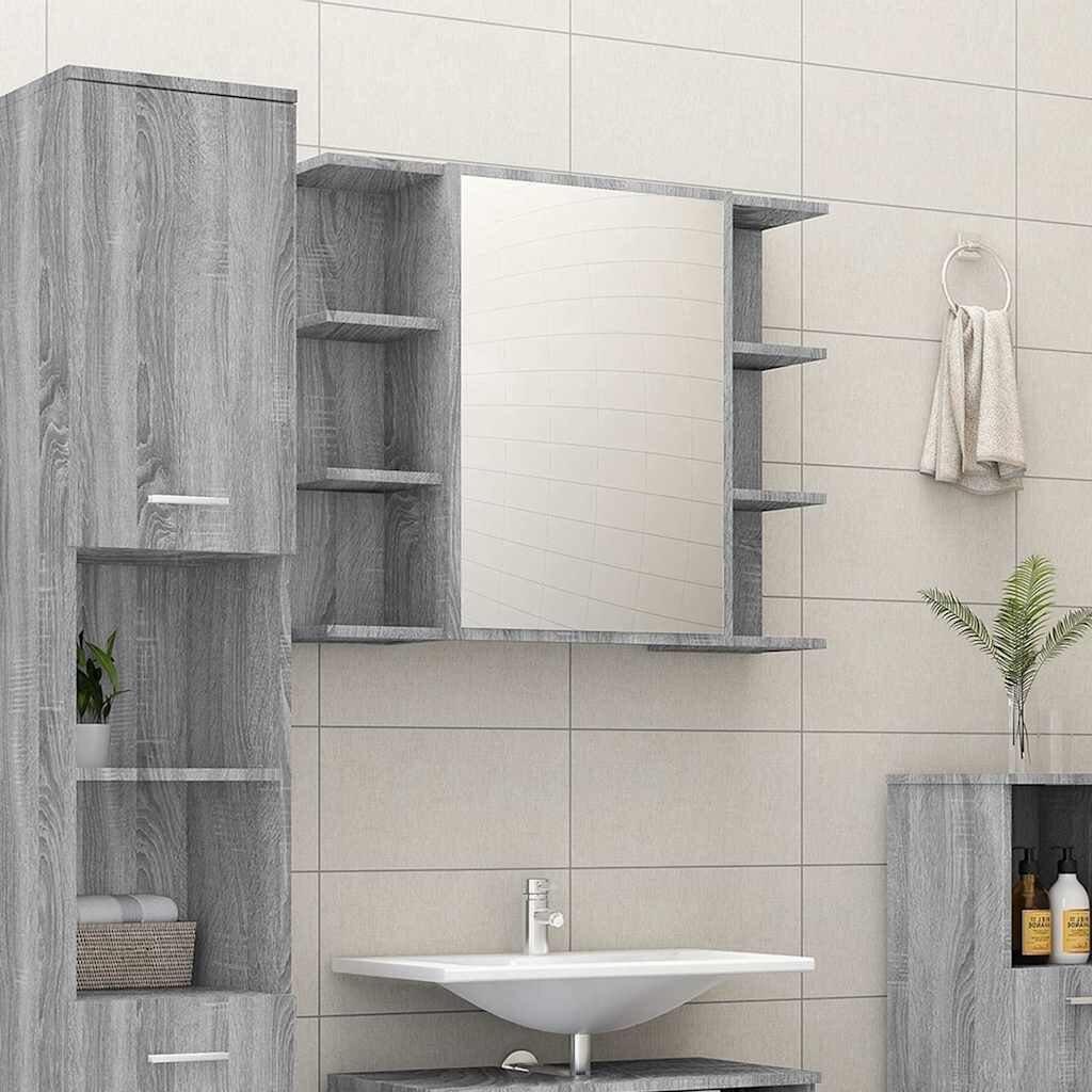 vidaXL Огледален шкаф за баня сив сонома 80x205x64 см инженерно дърво