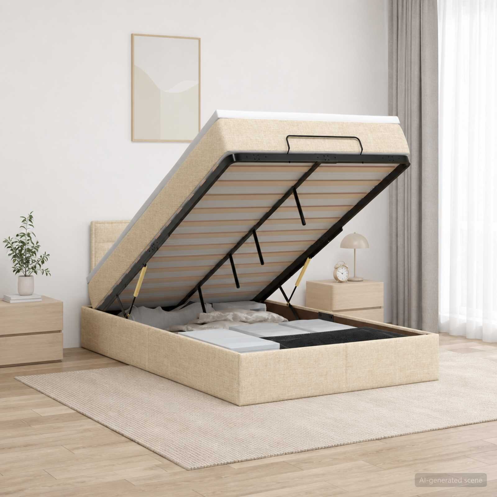 vidaXL Огледално легло с матрак с таблото Кремаво 120 x 190 cm Текстил