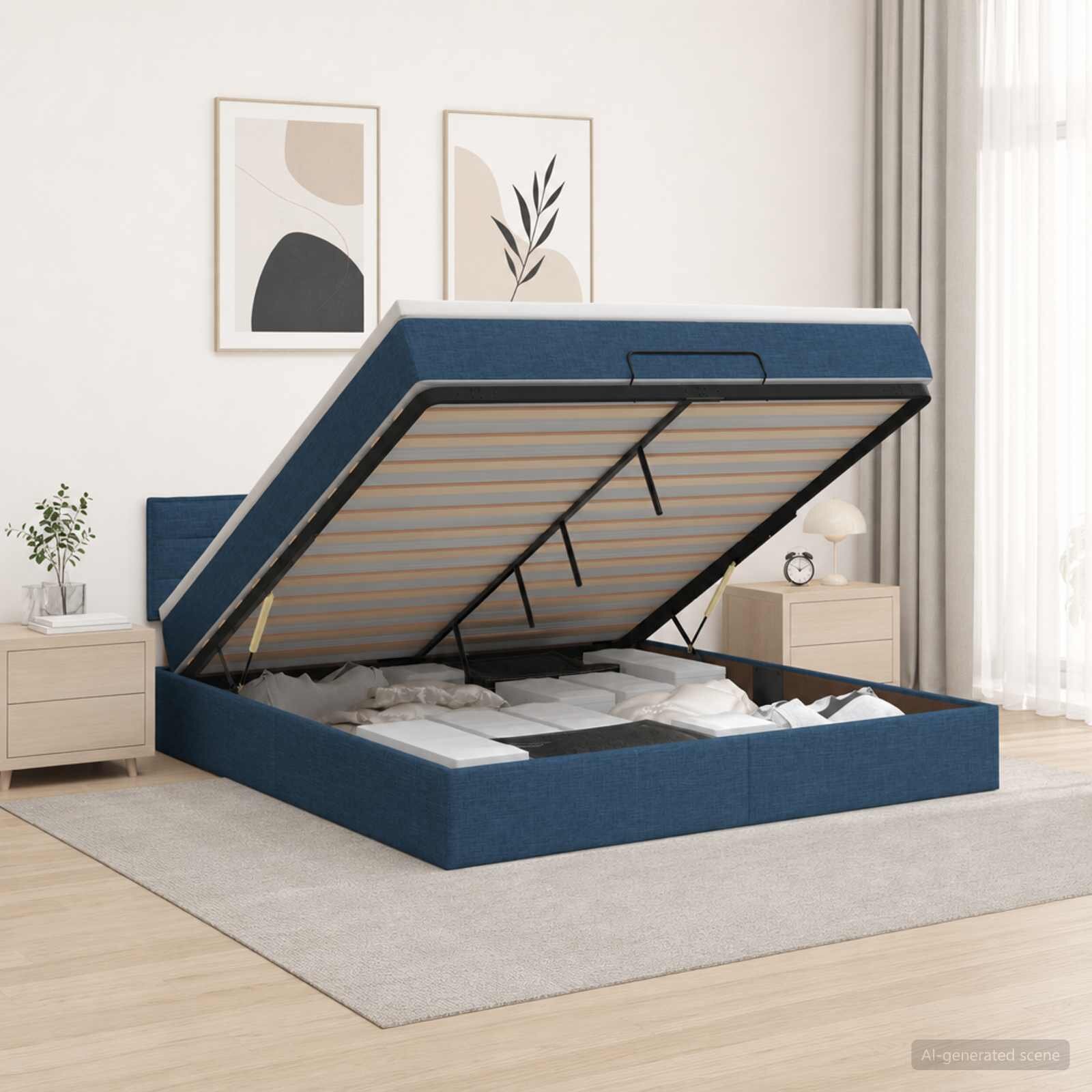 vidaXL Огледално легло с матрак с таблото Синьо 140 x 190 cm Текстил
