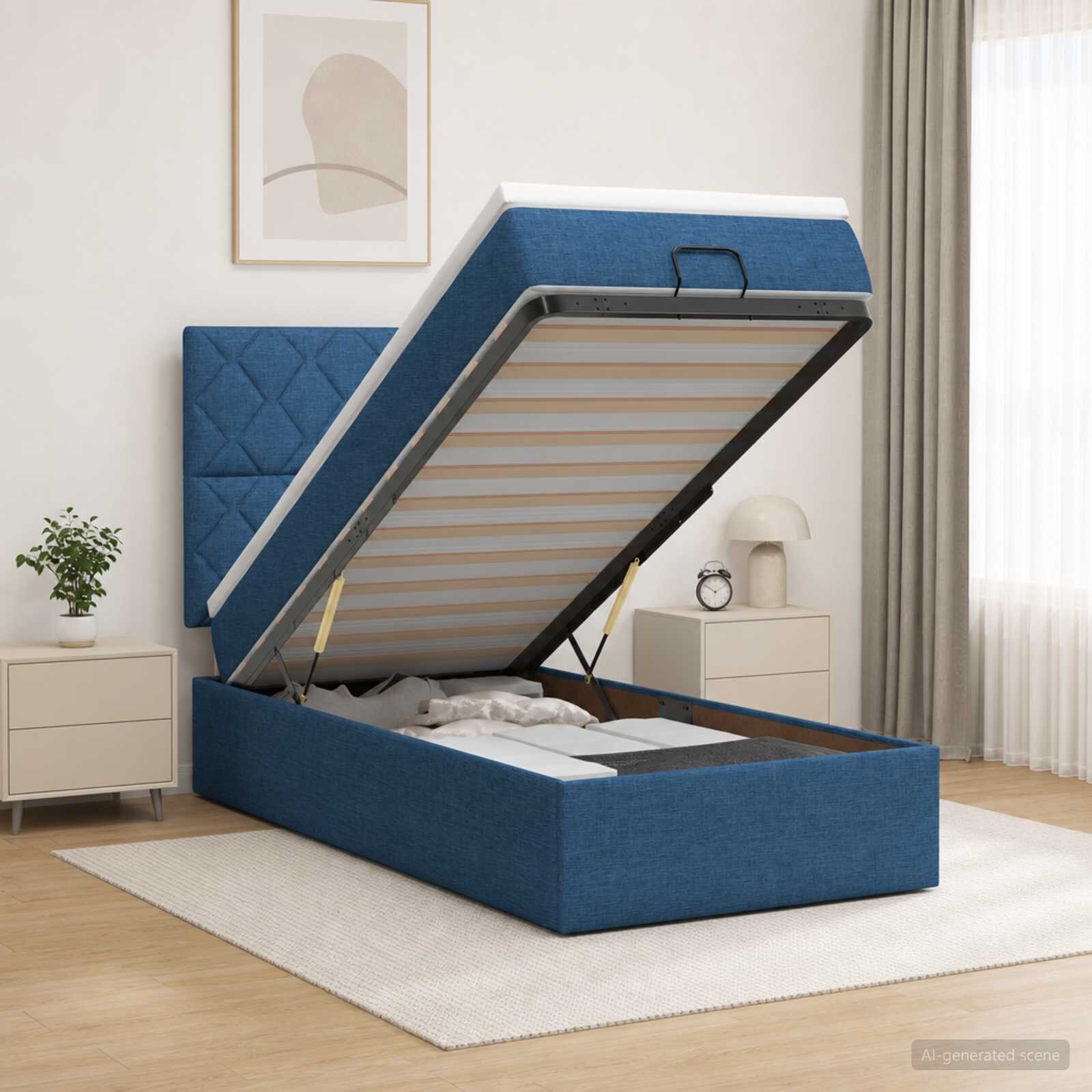 vidaXL Огледално легло с матрак с таблото Синьо 90 x 190 cm Текстил