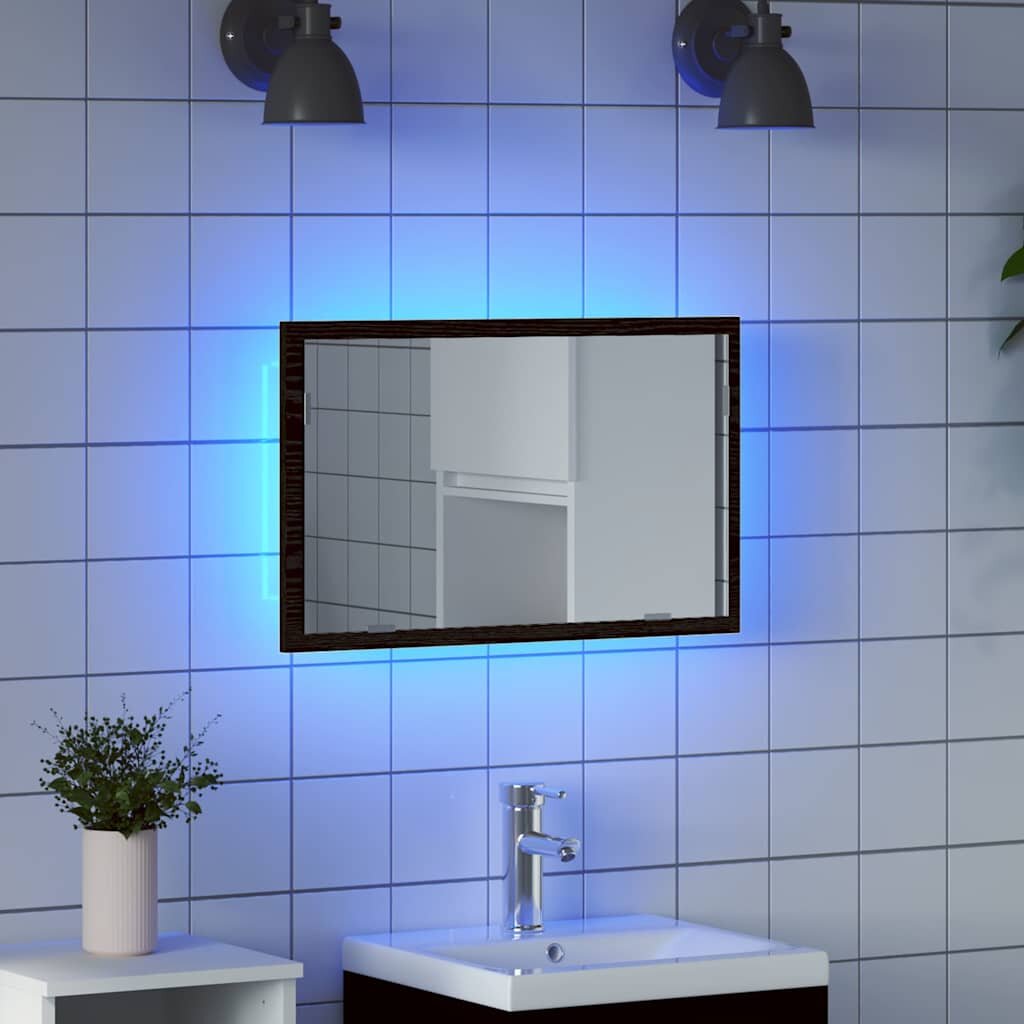 vidaXL Огледало за баня с LED осветление черен дъб 60x85x37 см
