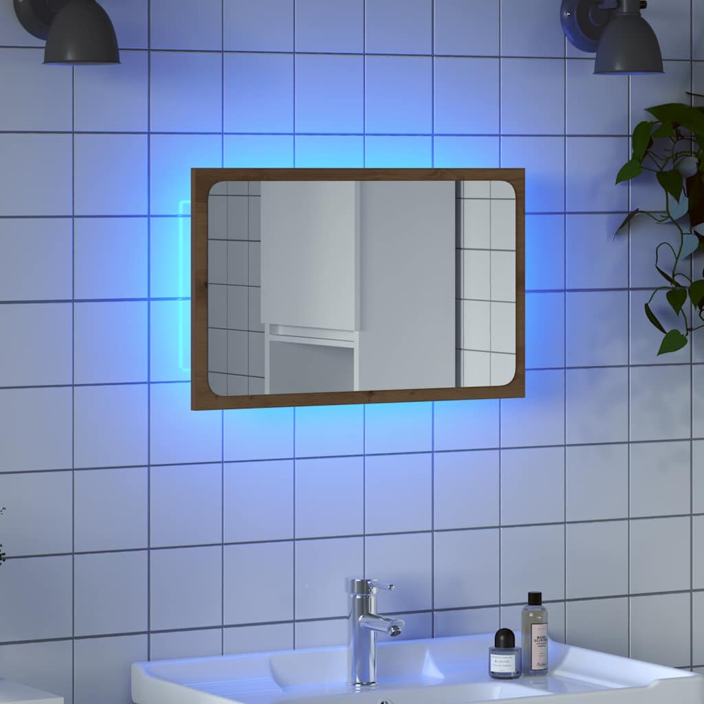 vidaXL Огледало за баня с LED светлина дъб артизан 60x85x38 cm