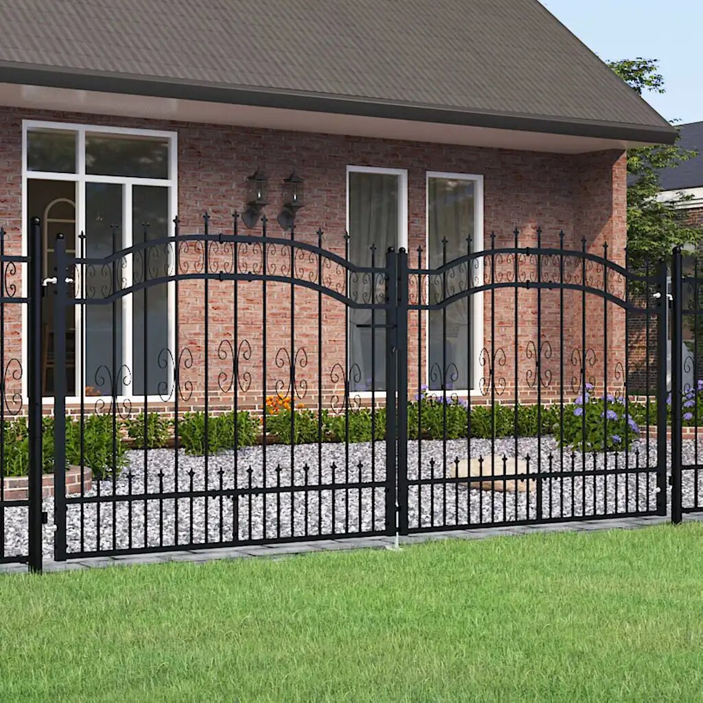 vidaXL Оградна порта KAMPEN с връх черна 302x125 см стомана