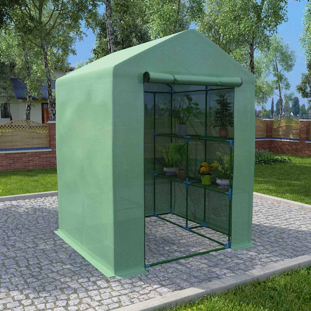 vidaXL Оранжерия с рафтове стомана 143x143x195 см