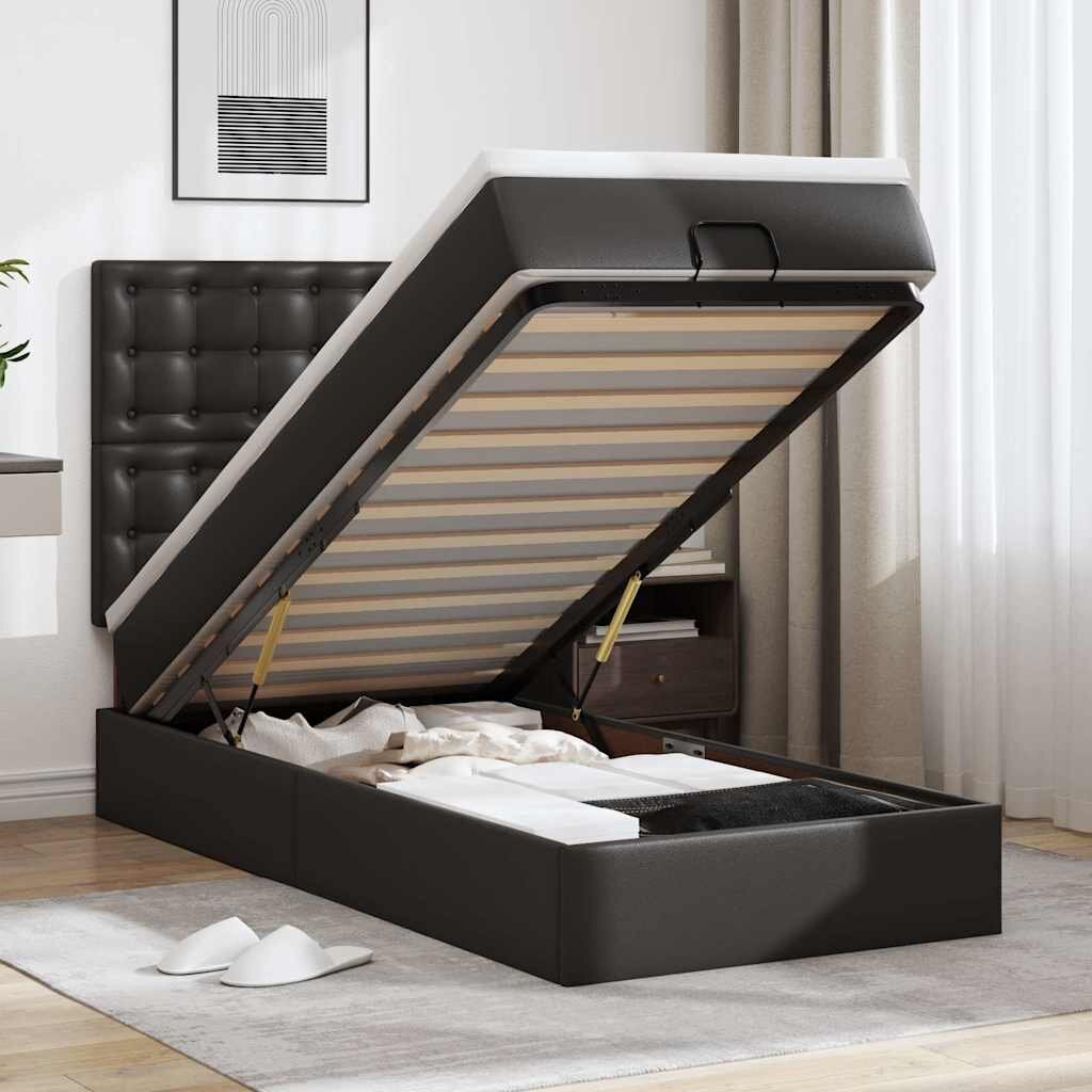 vidaXL Османска легло с матрак&LED черно 100x200 см изкуствена кожа