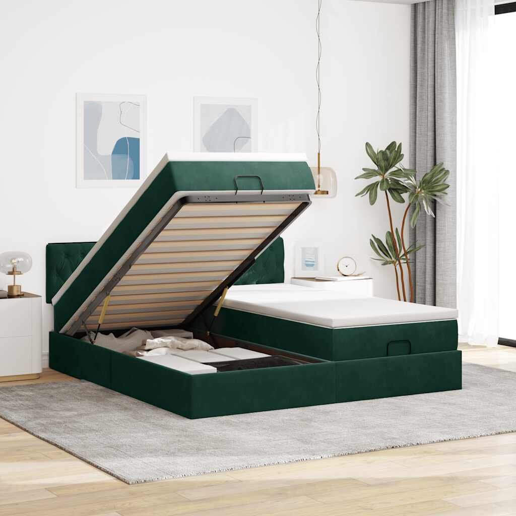 vidaXL Османска легло с матраци и LED тъмнозелено 160x200 см кадифе