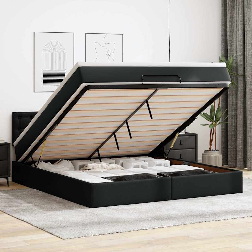 vidaXL Османска легло с матраци&LED черно 160x200см изкуствена кожа