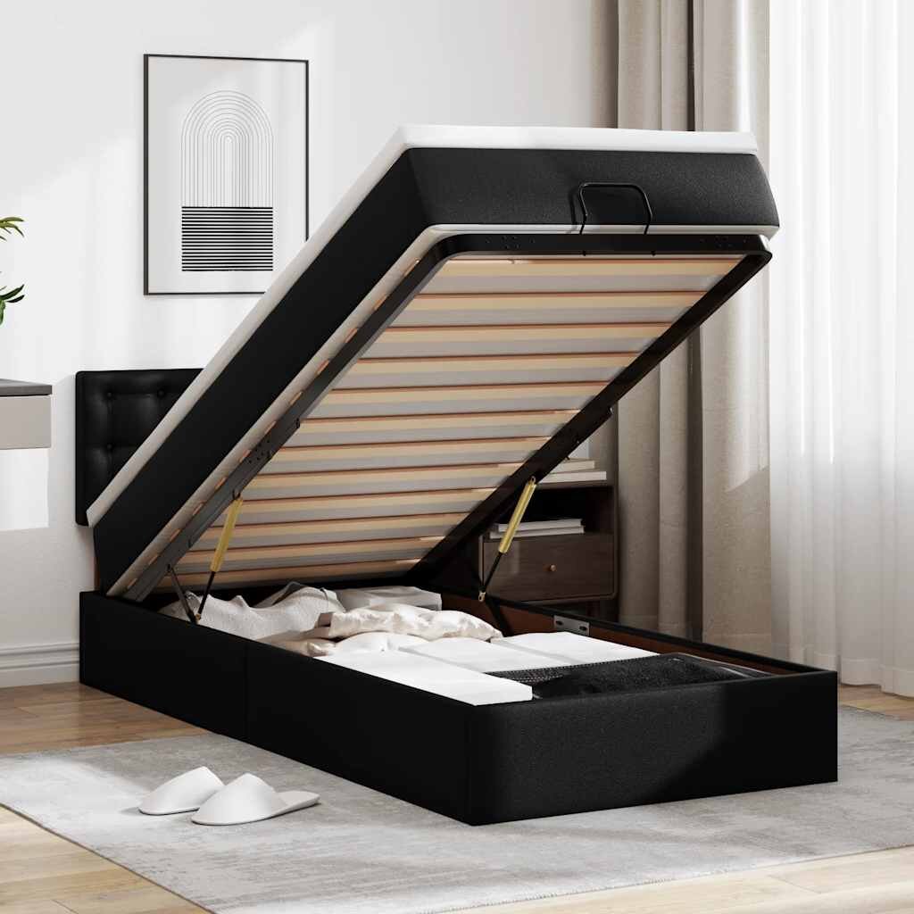 vidaXL Османска легло с матраци&LED черно 90x190 см изкуствена кожа