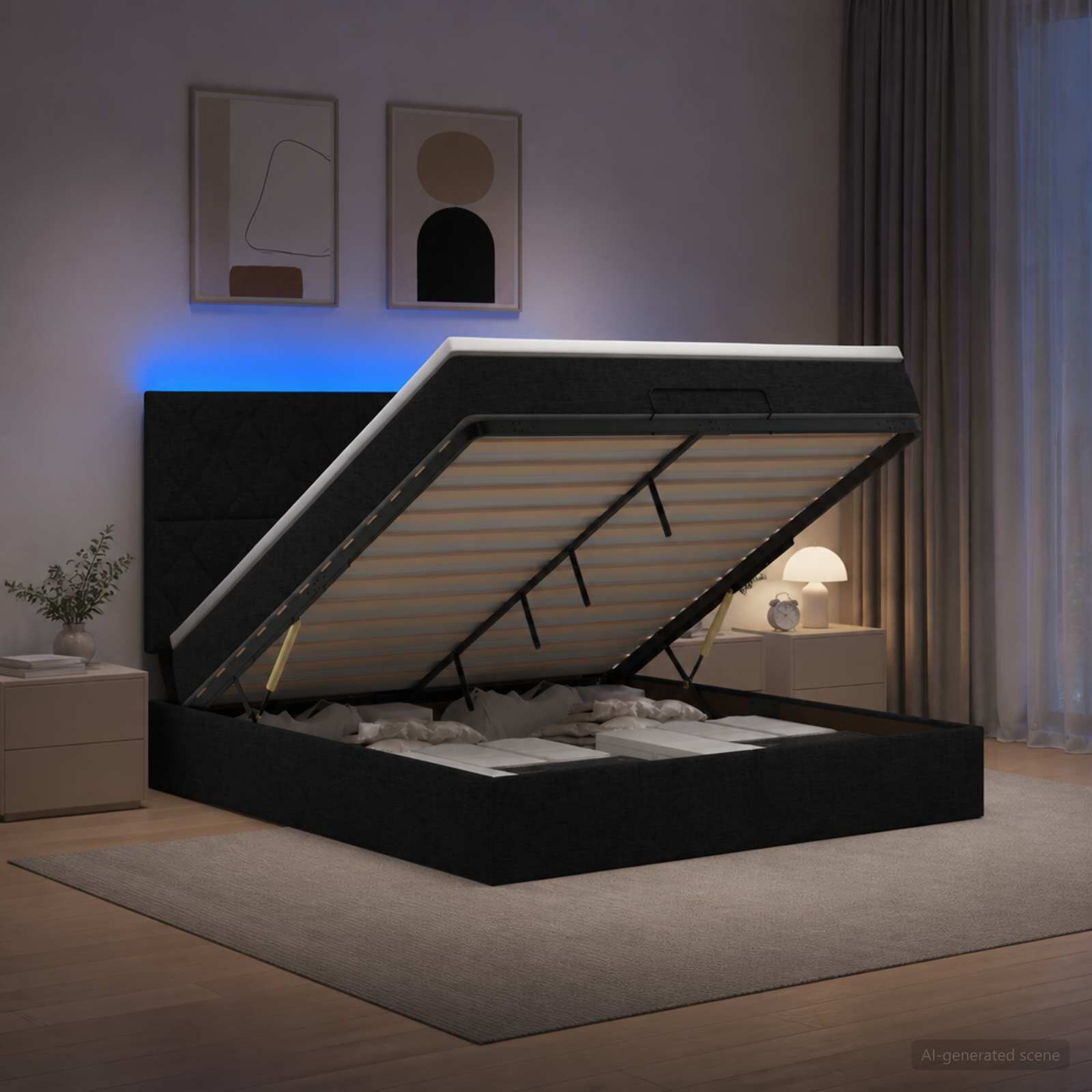 vidaXL Отоман с матрак и LED с LED ленти Черно 140 x 200 cm Текстил