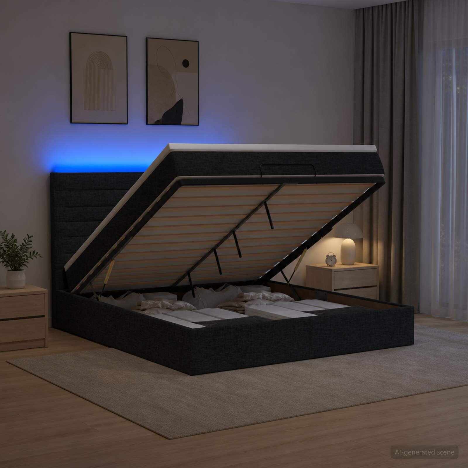 vidaXL Отоман с матрак и LED с LED ленти Черно 160 x 200 cm Текстил