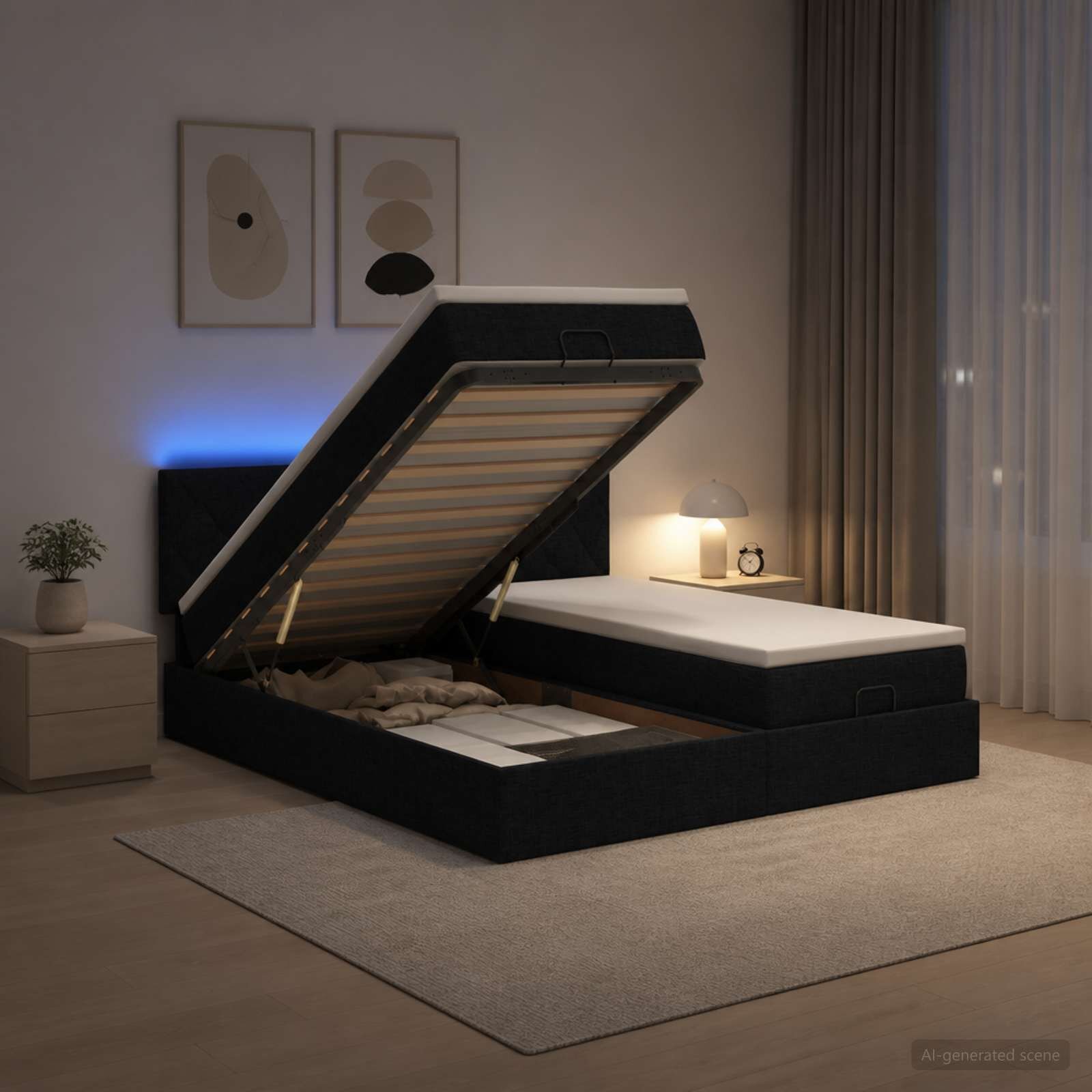 vidaXL Отоман с матрак и LED с LED ленти Черно 160 x 200 cm Текстил
