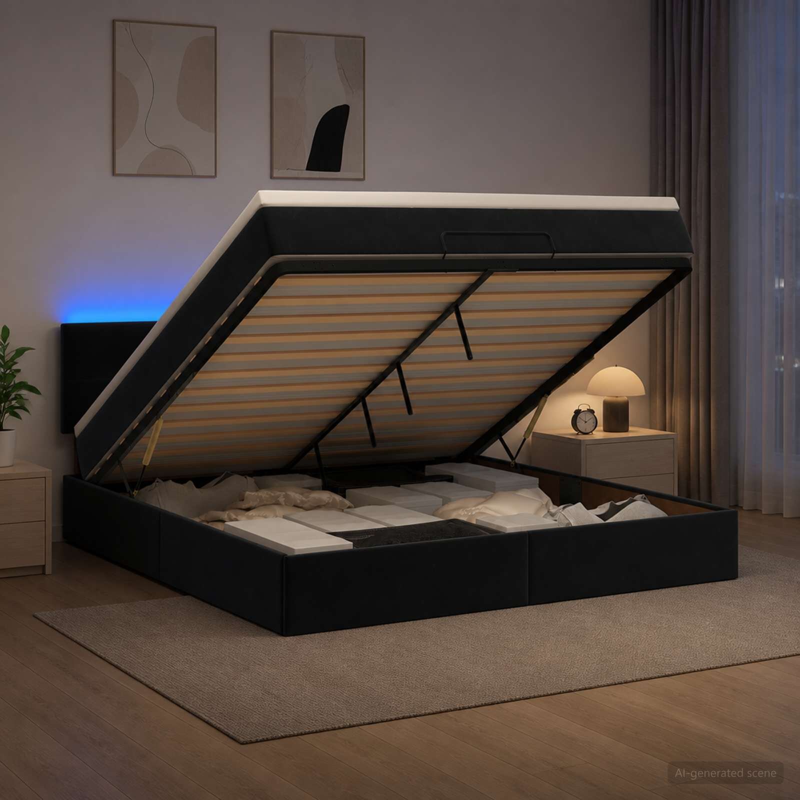 vidaXL Отоман с матрак и LED с LED ленти Черно 180 x 200 cm Кадифе