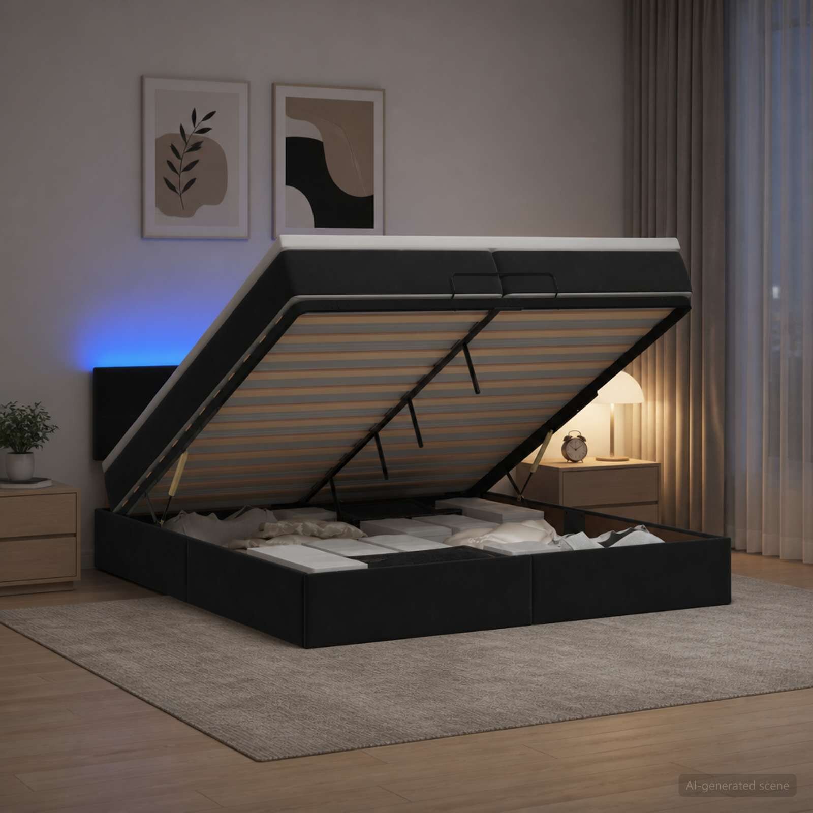vidaXL Отоман с матрак и LED с LED ленти Черно 200 x 200 cm Кадифе