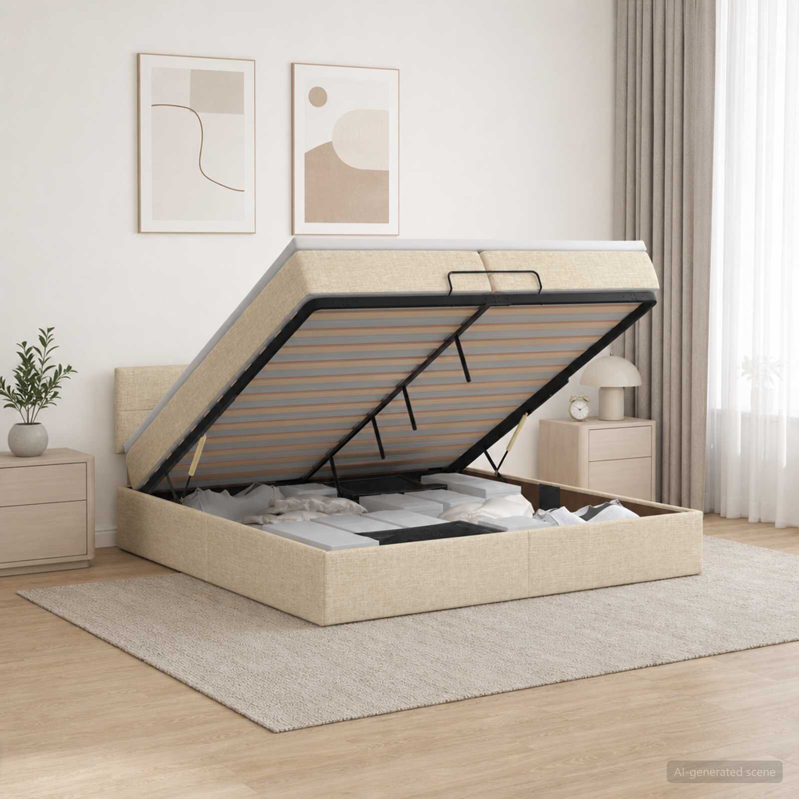 vidaXL Отоман с матрак и LED с LED ленти Кремаво 200 x 200 cm Текстил