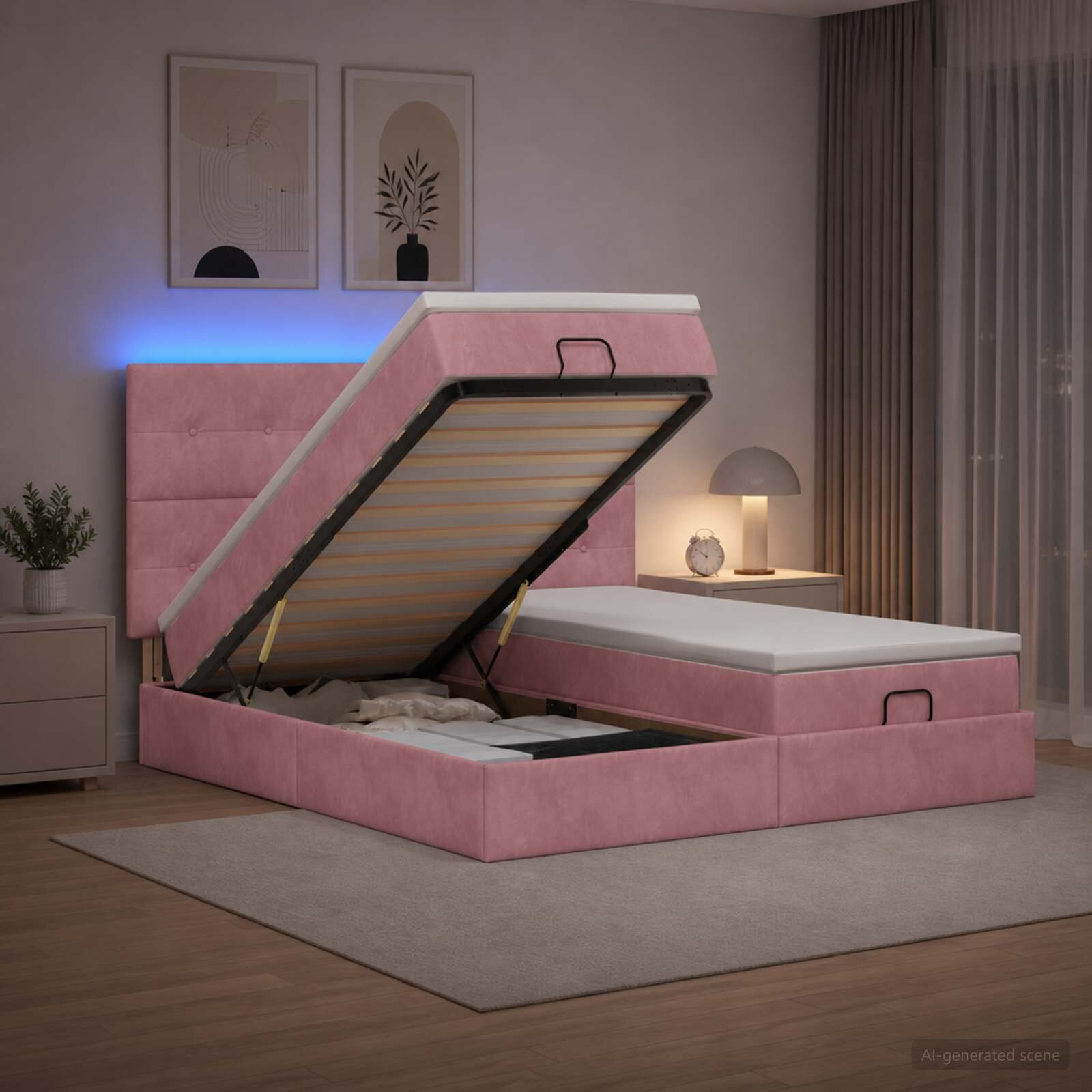 vidaXL Отоман с матрак и LED с LED ленти Розово 200 x 200 cm Кадифе