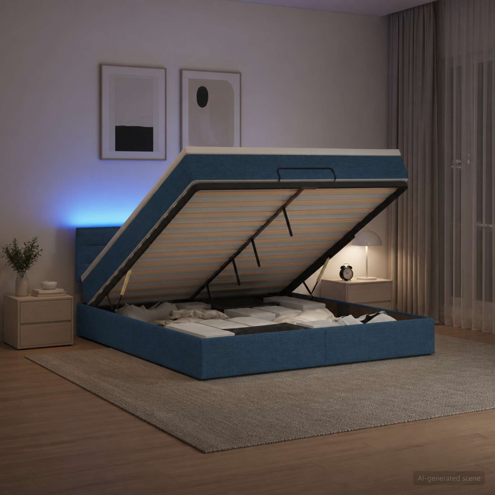 vidaXL Отоман с матрак и LED с LED ленти Синьо 140 x 190 cm Текстил