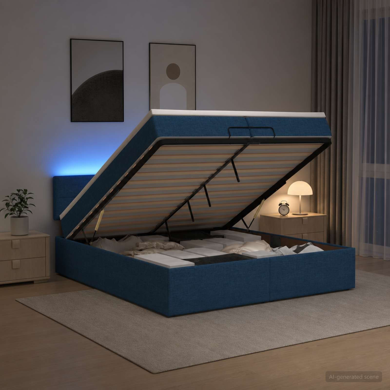 vidaXL Отоман с матрак и LED с LED ленти Синьо 200 x 200 cm Текстил