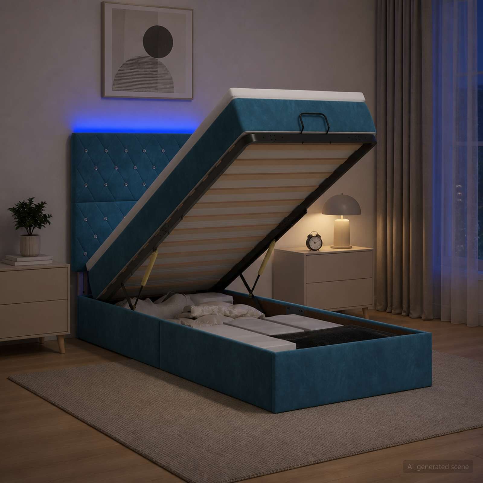 vidaXL Отоман с матрак и LED с LED ленти Тъмносиньо 90 x 190 cm Кадифе