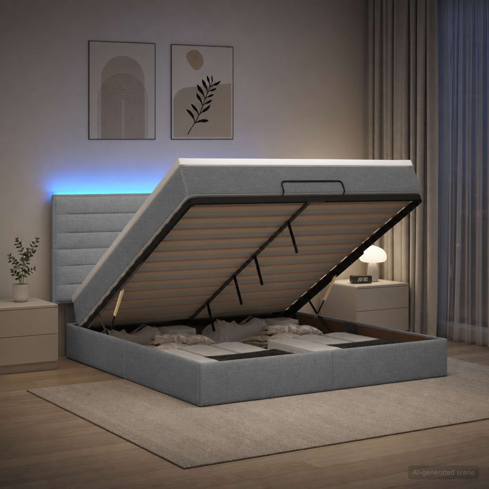 vidaXL Отоман с матрак и LED с таблото Светлосиво 160 x 200 cm Текстил