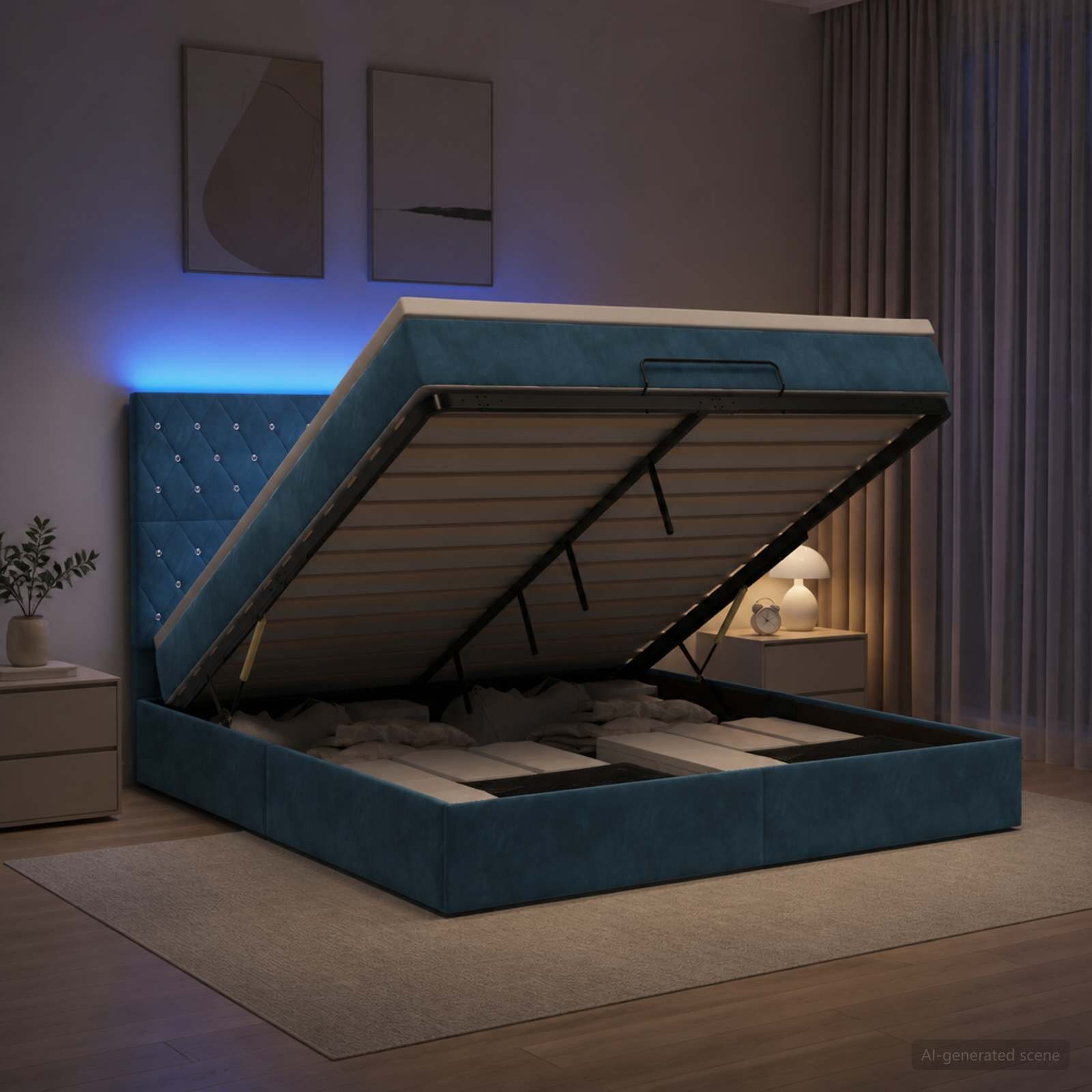 vidaXL Отоман с матрак и LED с таблото Тъмносиньо 140 x 200 cm Кадифе