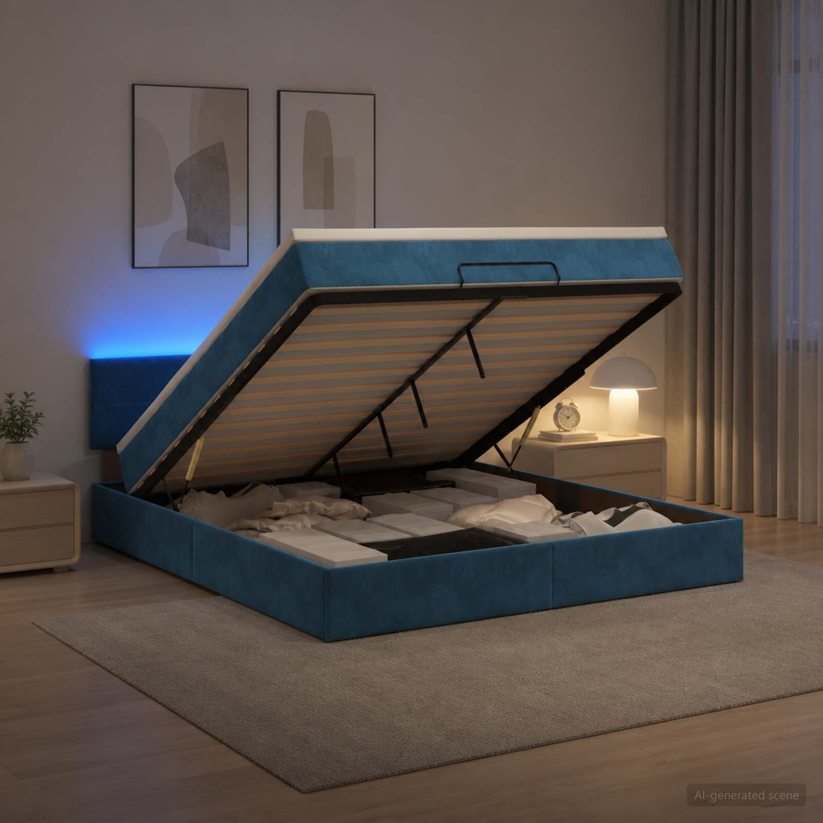 vidaXL Отоман с матрак и LED с таблото Тъмносиньо 160 x 200 cm Кадифе