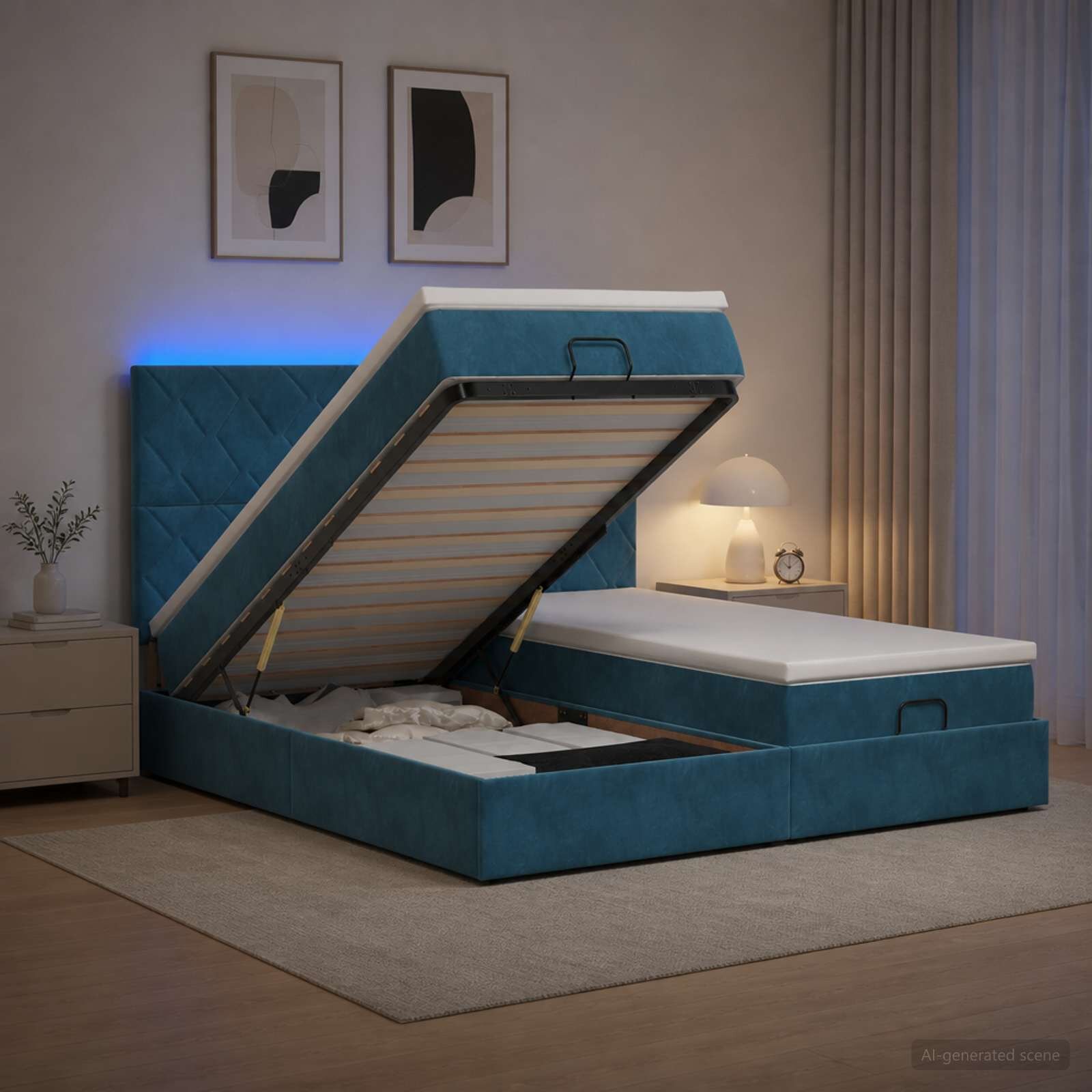 vidaXL Отоман с матрак и LED с таблото Тъмносиньо 160 x 200 cm Кадифе