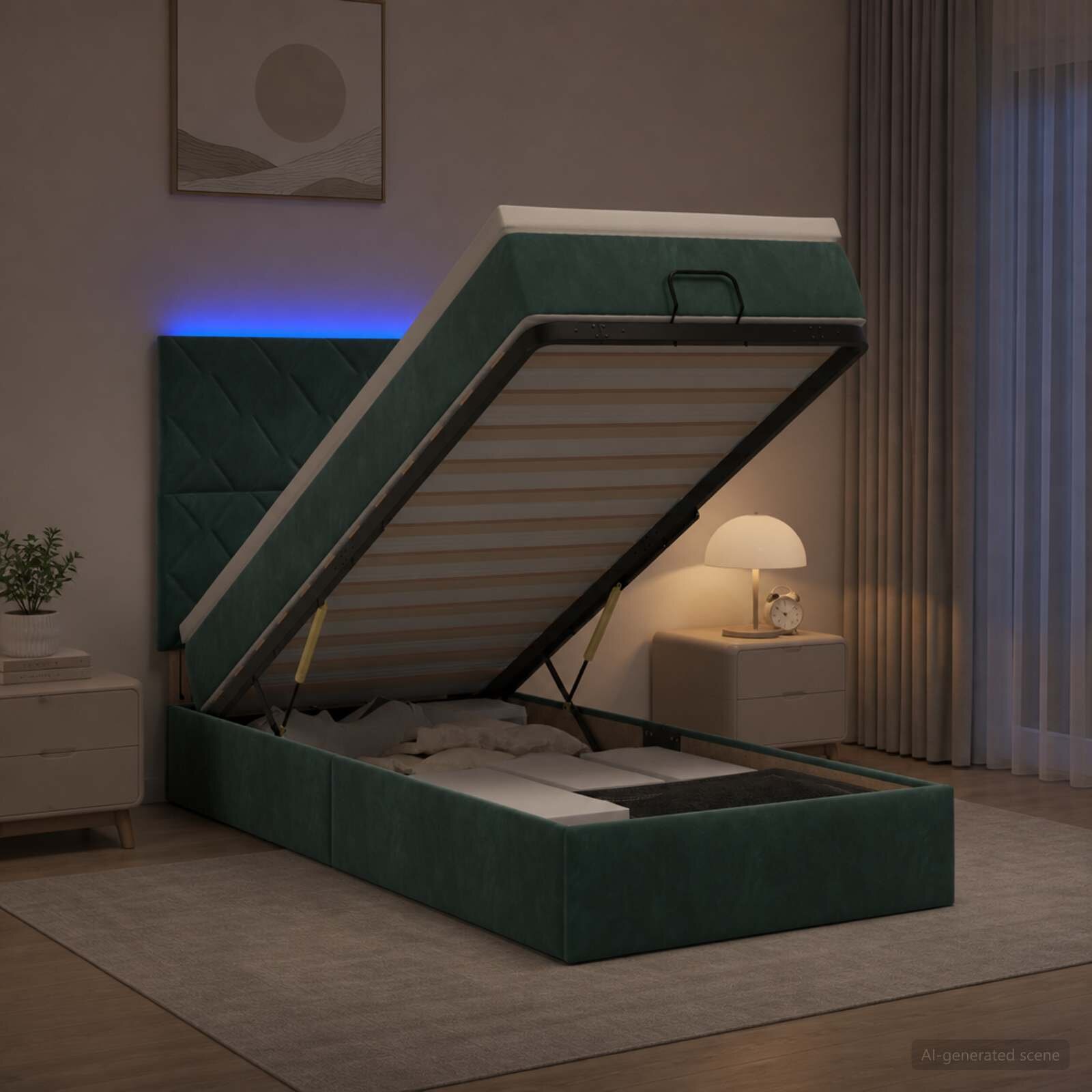 vidaXL Отоман с матрак и LED с таблото Тъмнозелено 90 x 200 cm Кадифе