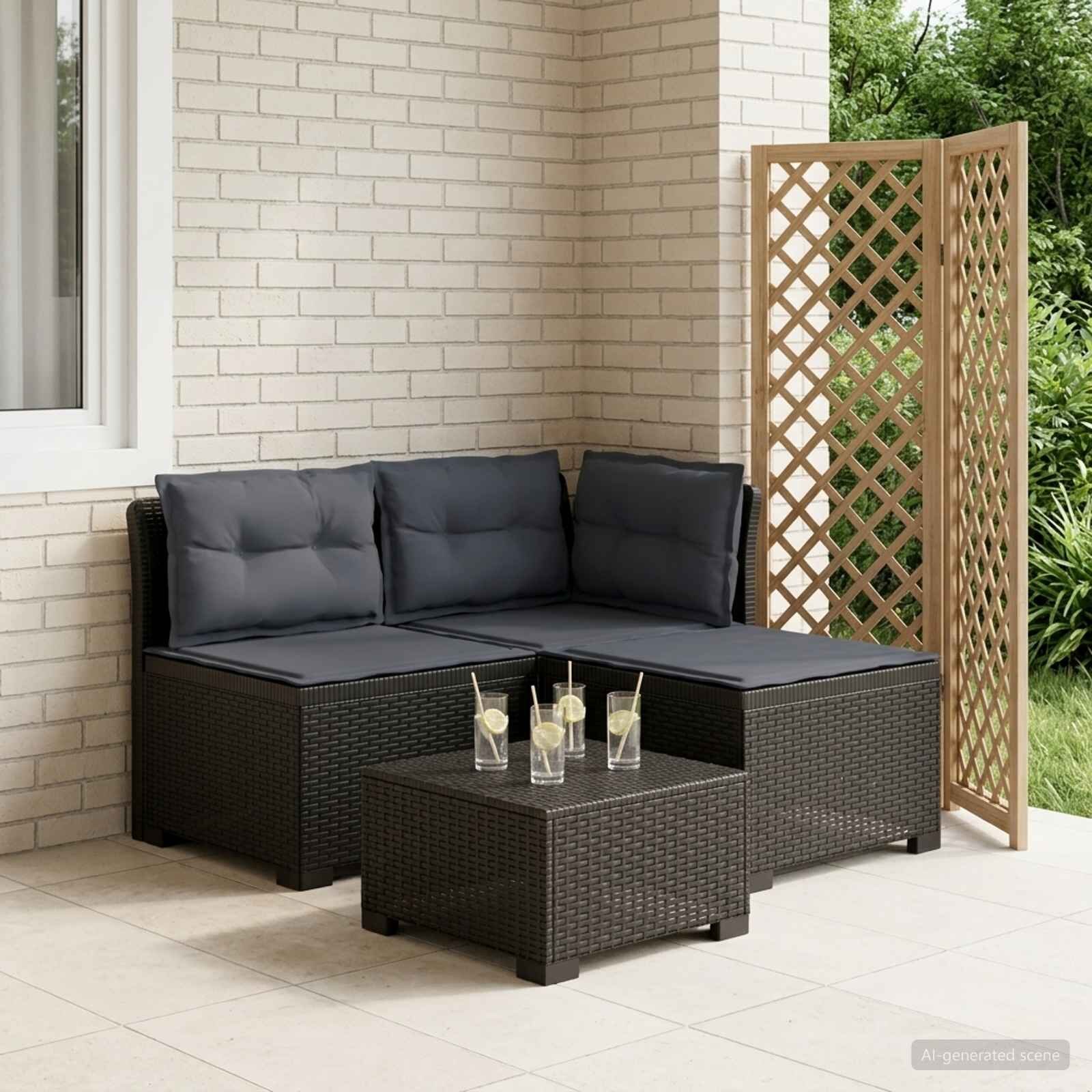 vidaXL Пейка за градина с Cushions във вид на ратан 3-местен ПП
